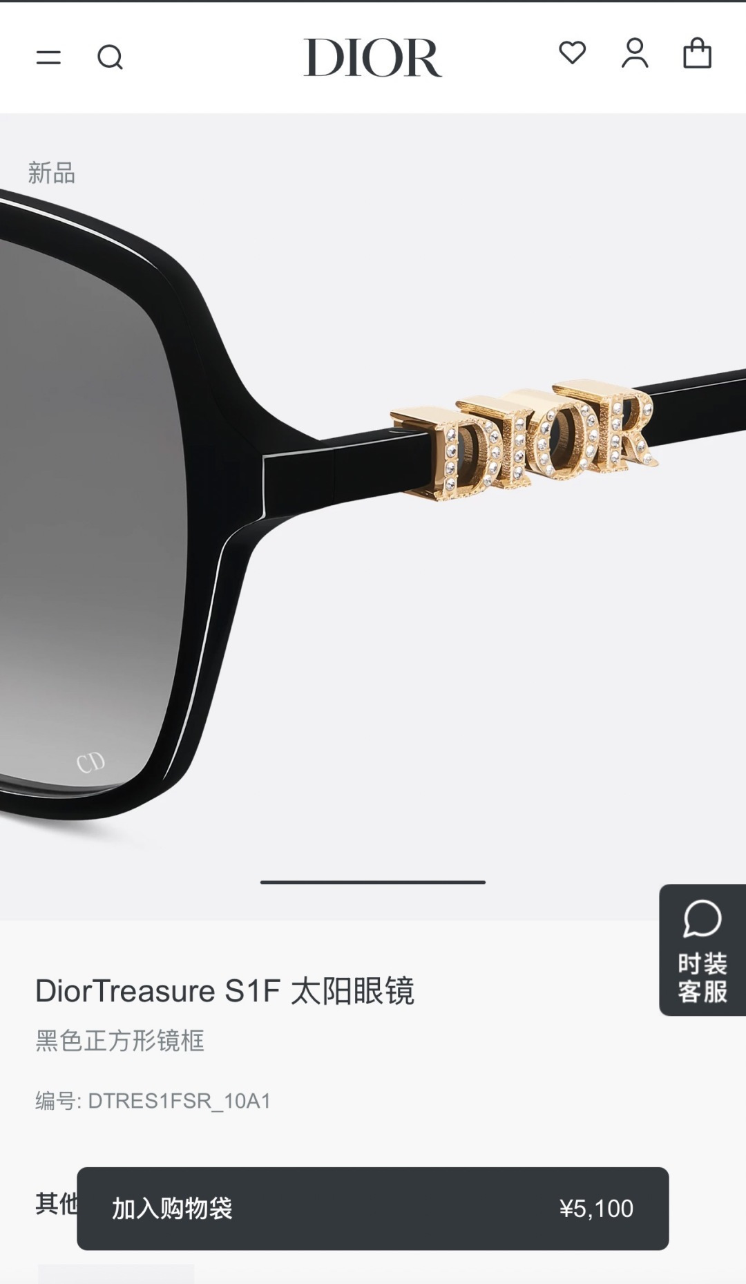 DiorTreasure S1F Black Square Sunglasses with Crystal Logo