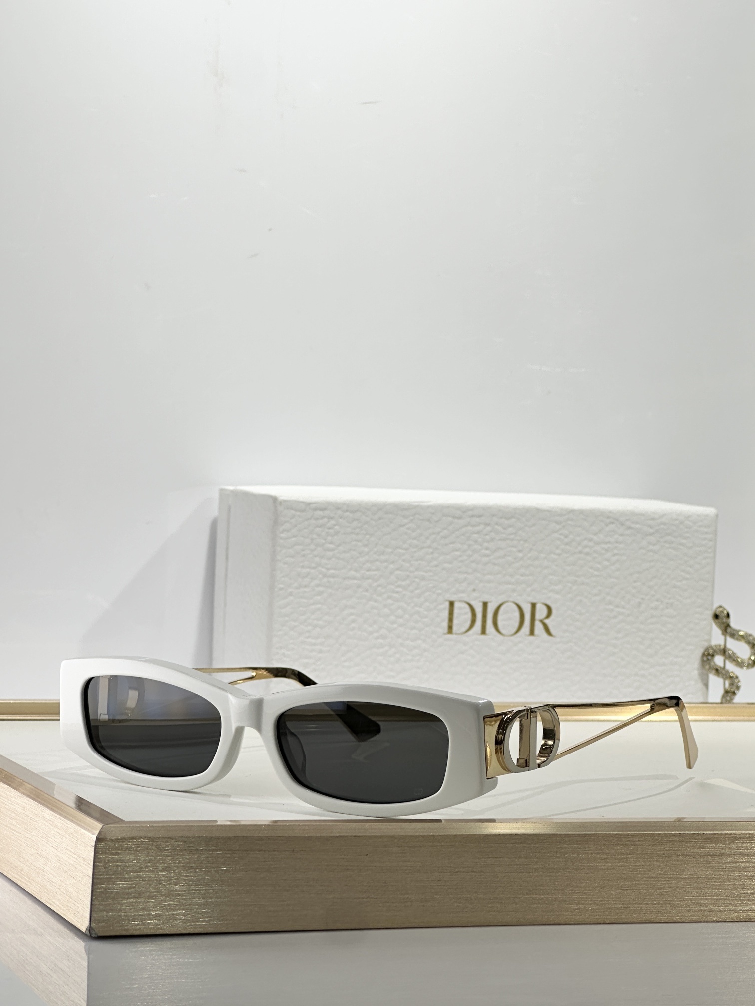 Dior White Frame Rectangular Sunglasses – Gold Accents