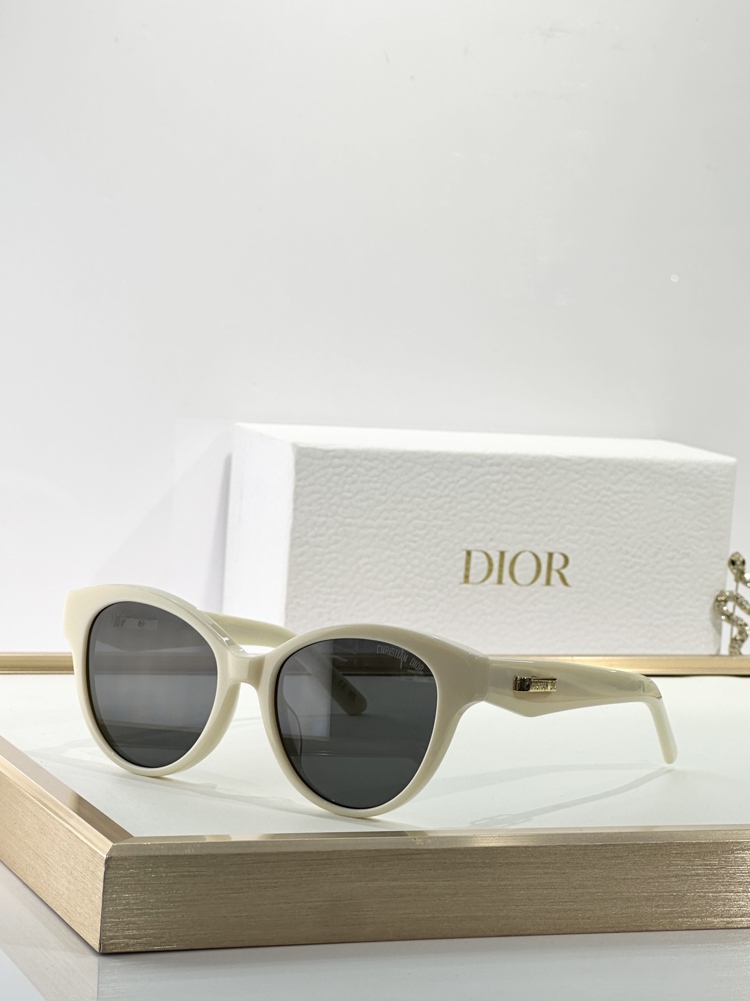 Christian Dior Ivory Cat-Eye Sunglasses with Gold Signature