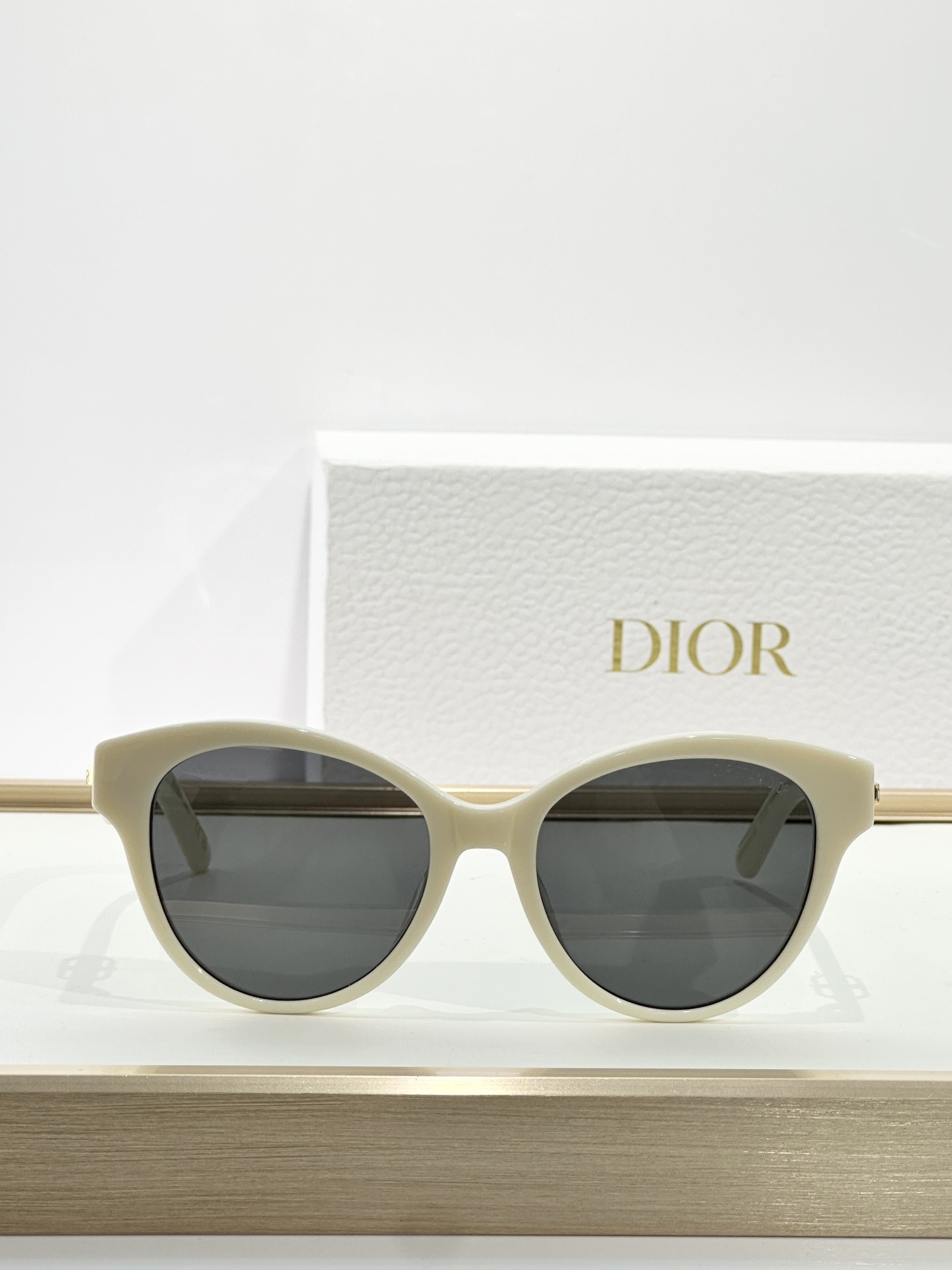 Christian Dior Ivory Cat-Eye Sunglasses with Gold Signature