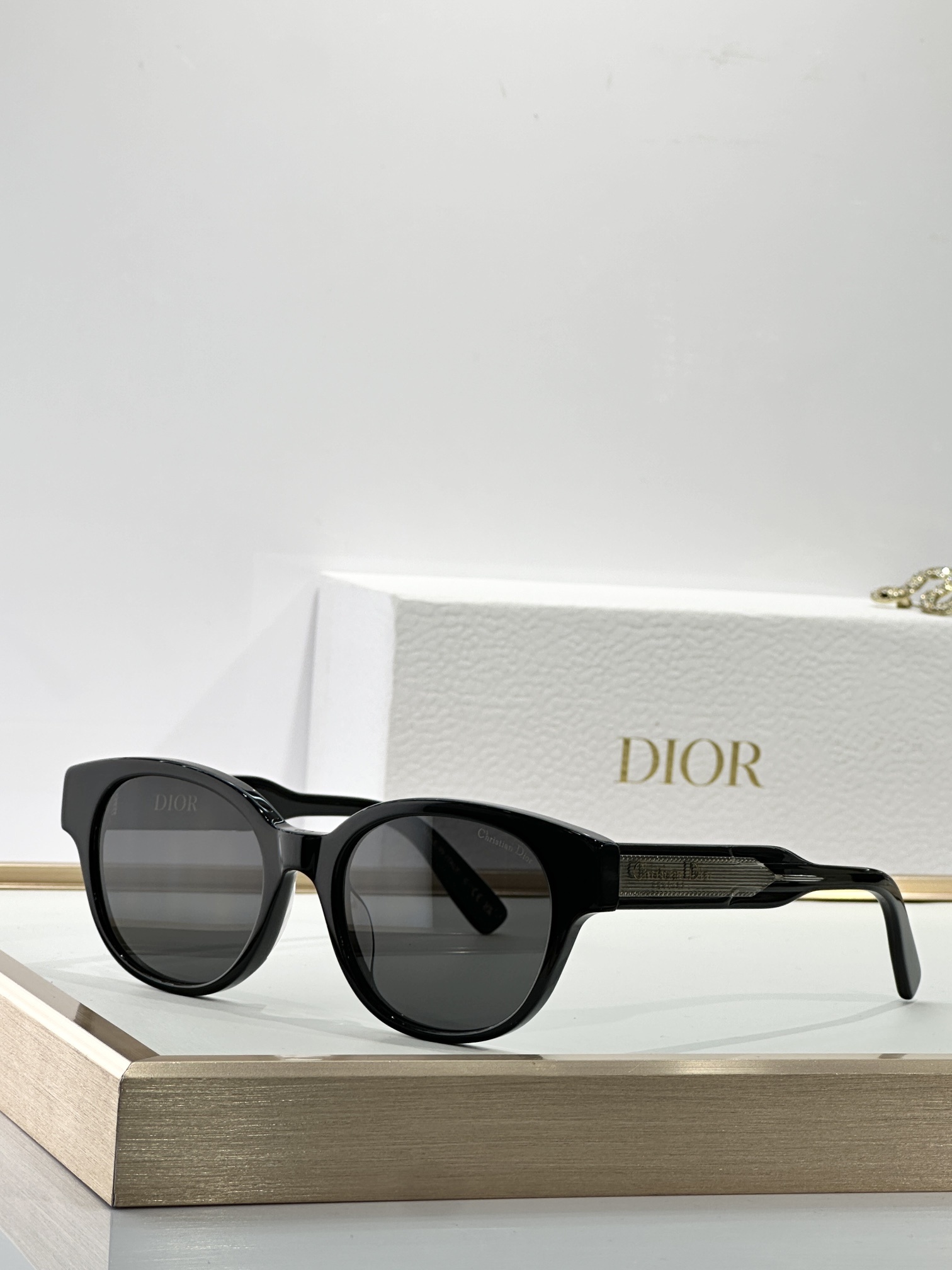 Dior Black Round Sunglasses with Logo Temple Detail