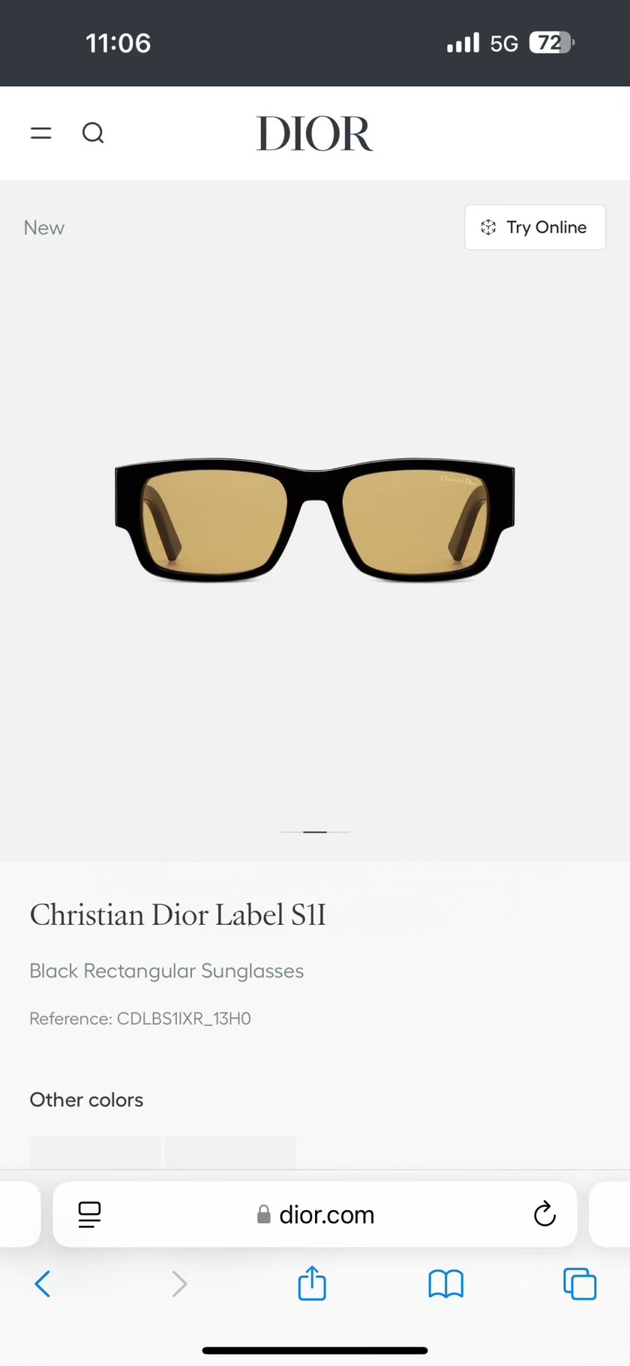 Christian Dior Label S1I Black Rectangular Yellow Lens Sunglasses