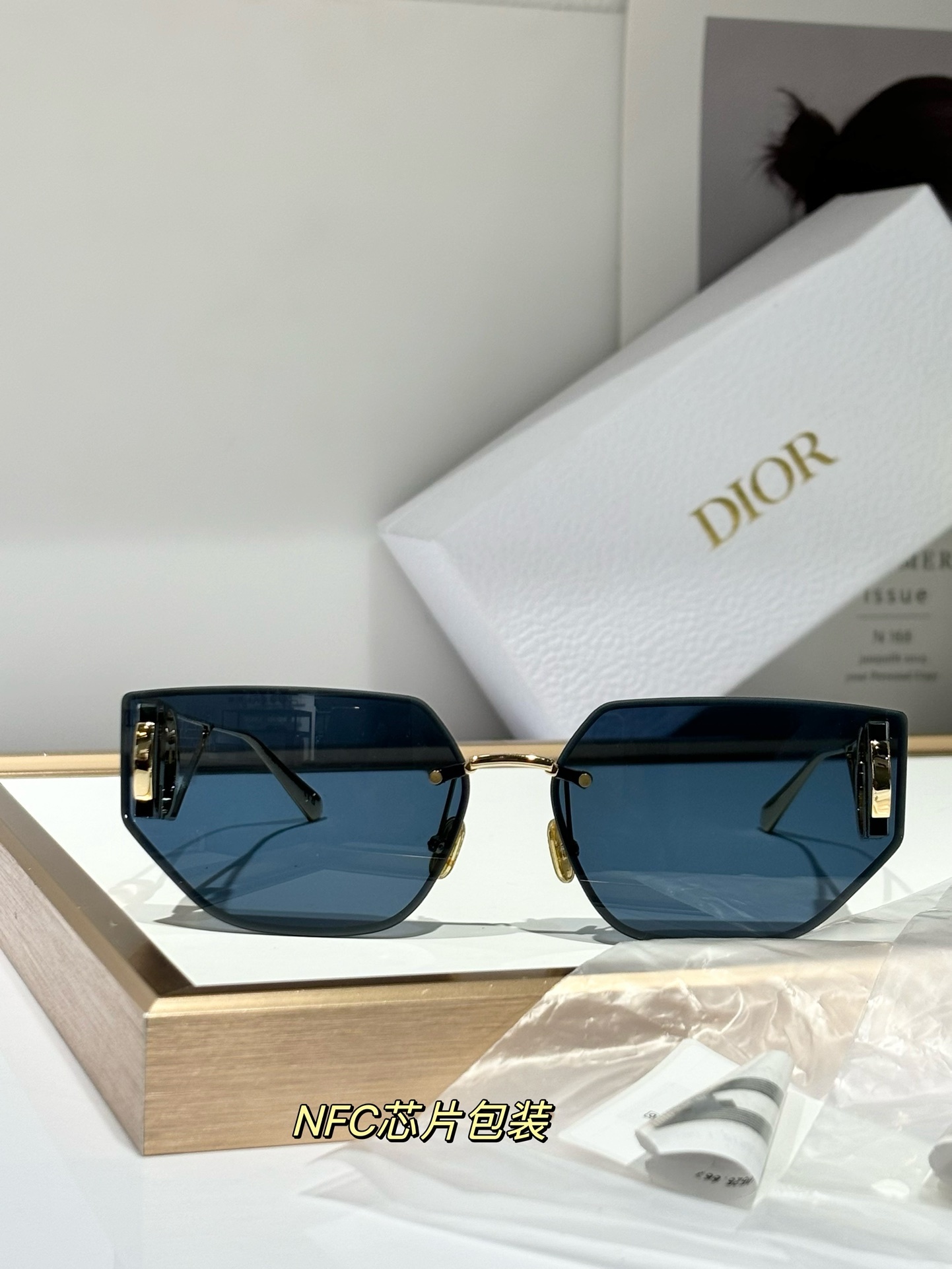 Dior Blue Geometric Sunglasses – Gold Accent Frames