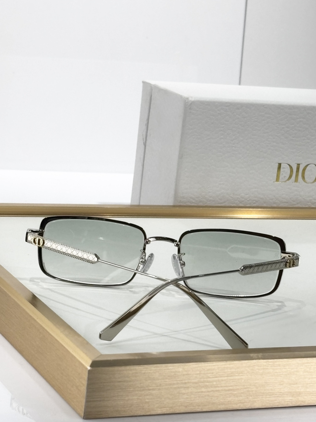Dior Silver Rectangular Glasses with Light Green Lenses