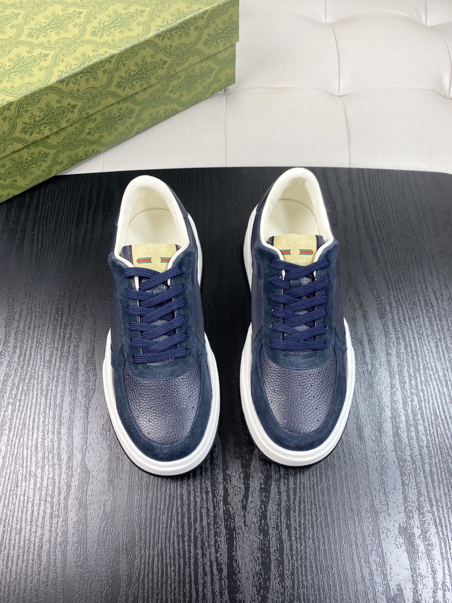 Gucci Men's Navy Leather and Suede Chunky Sneakers