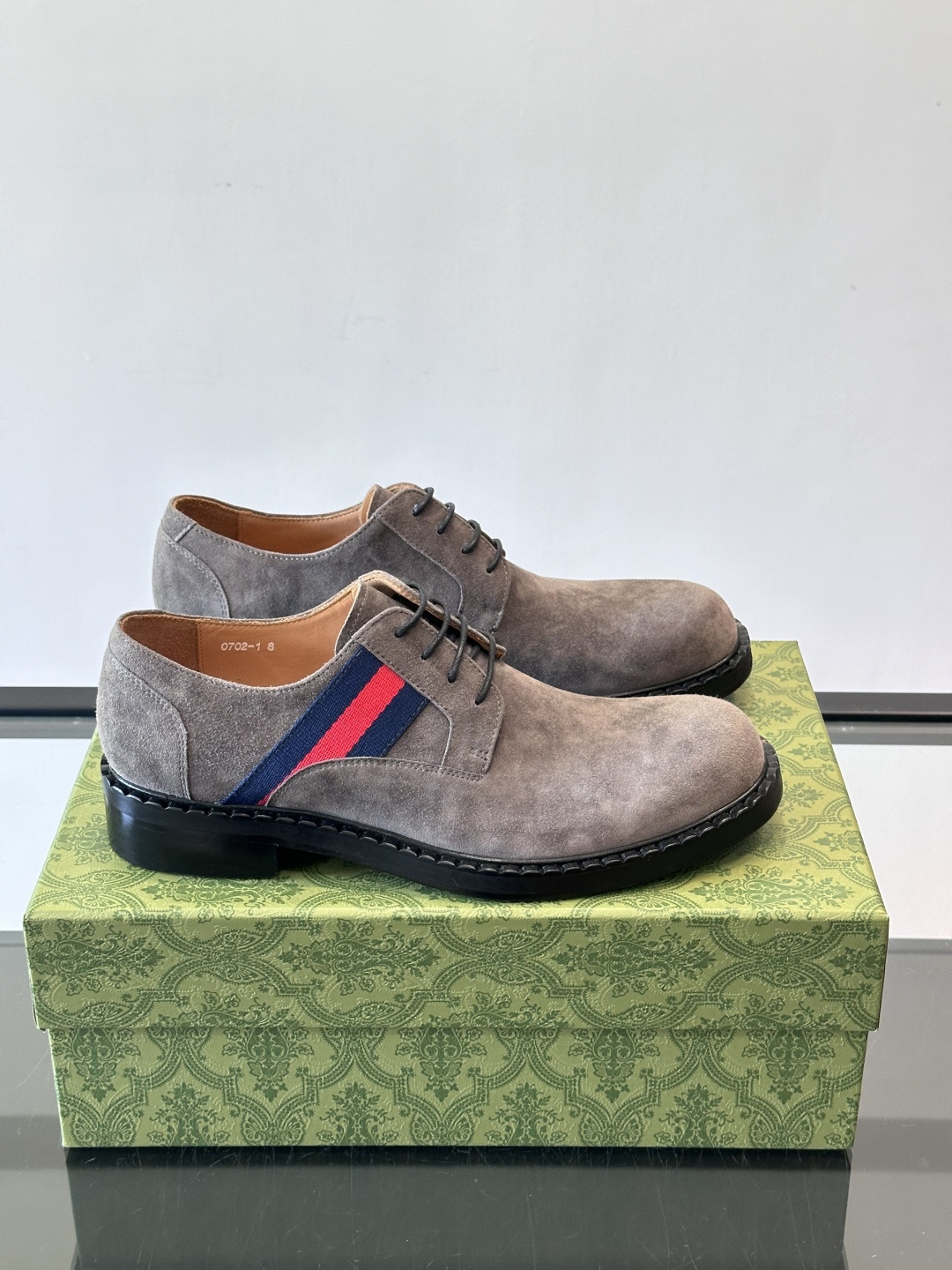 Gucci Men's Grey Suede Derby Shoes with Iconic Web Stripe