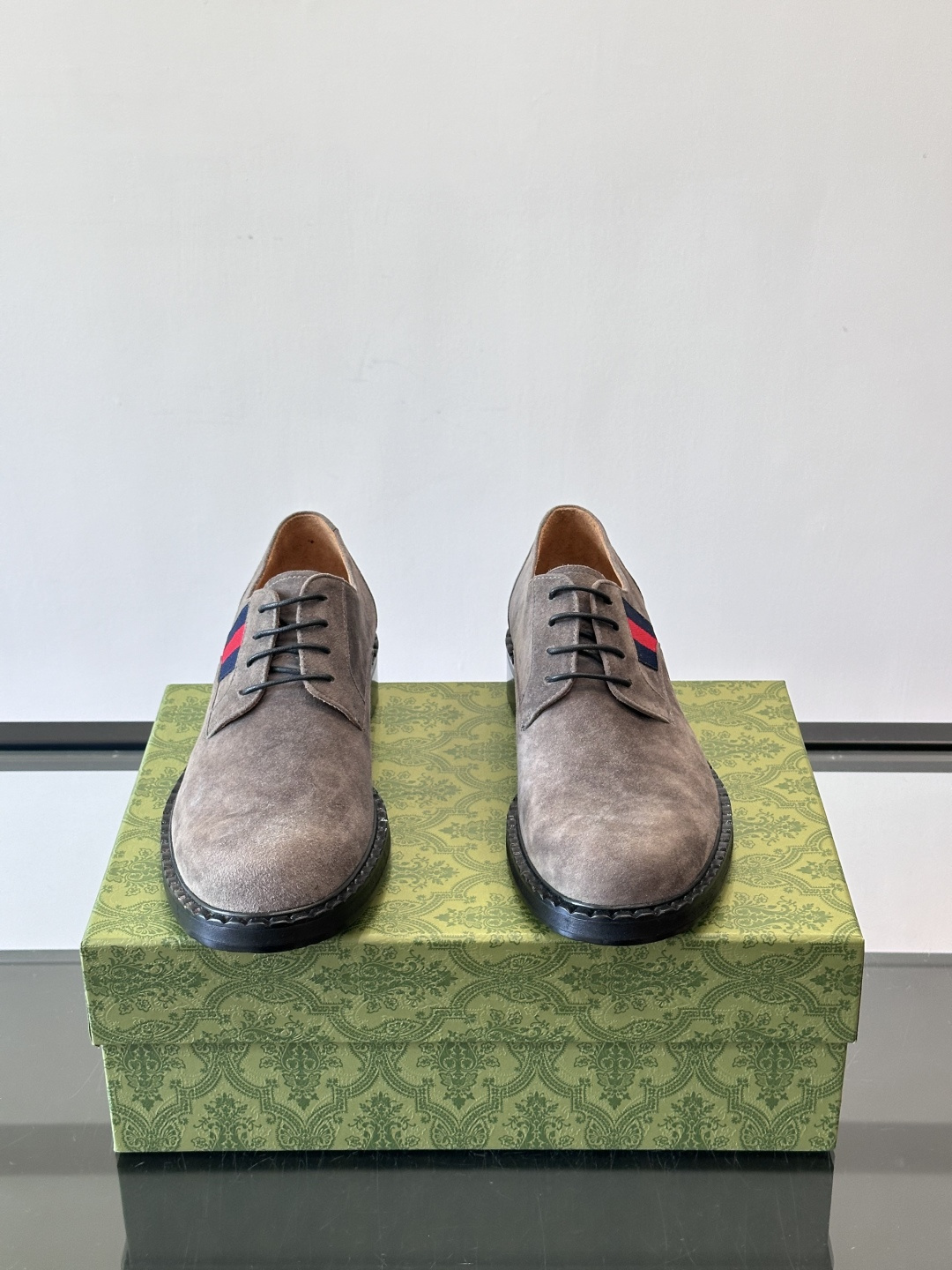 Gucci Men’s Grey Suede Derby Shoes with Iconic Web Stripe