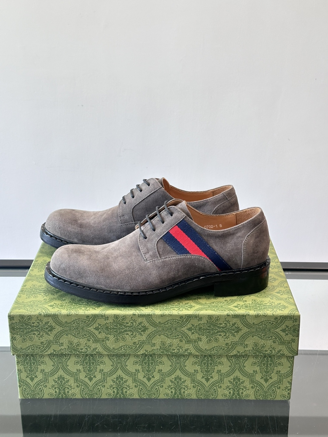 Gucci Men’s Grey Suede Derby Shoes with Iconic Web Stripe