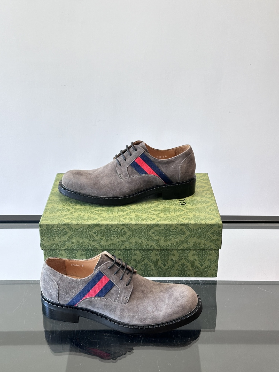 Gucci Men’s Grey Suede Derby Shoes with Iconic Web Stripe