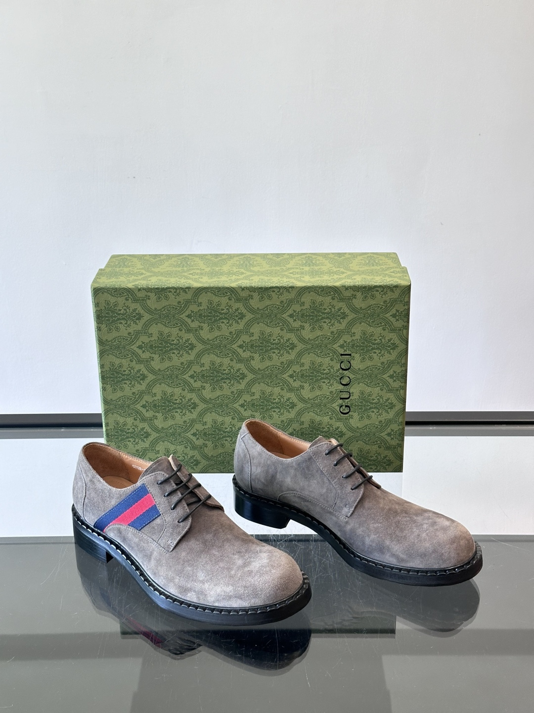 Gucci Men’s Grey Suede Derby Shoes with Iconic Web Stripe