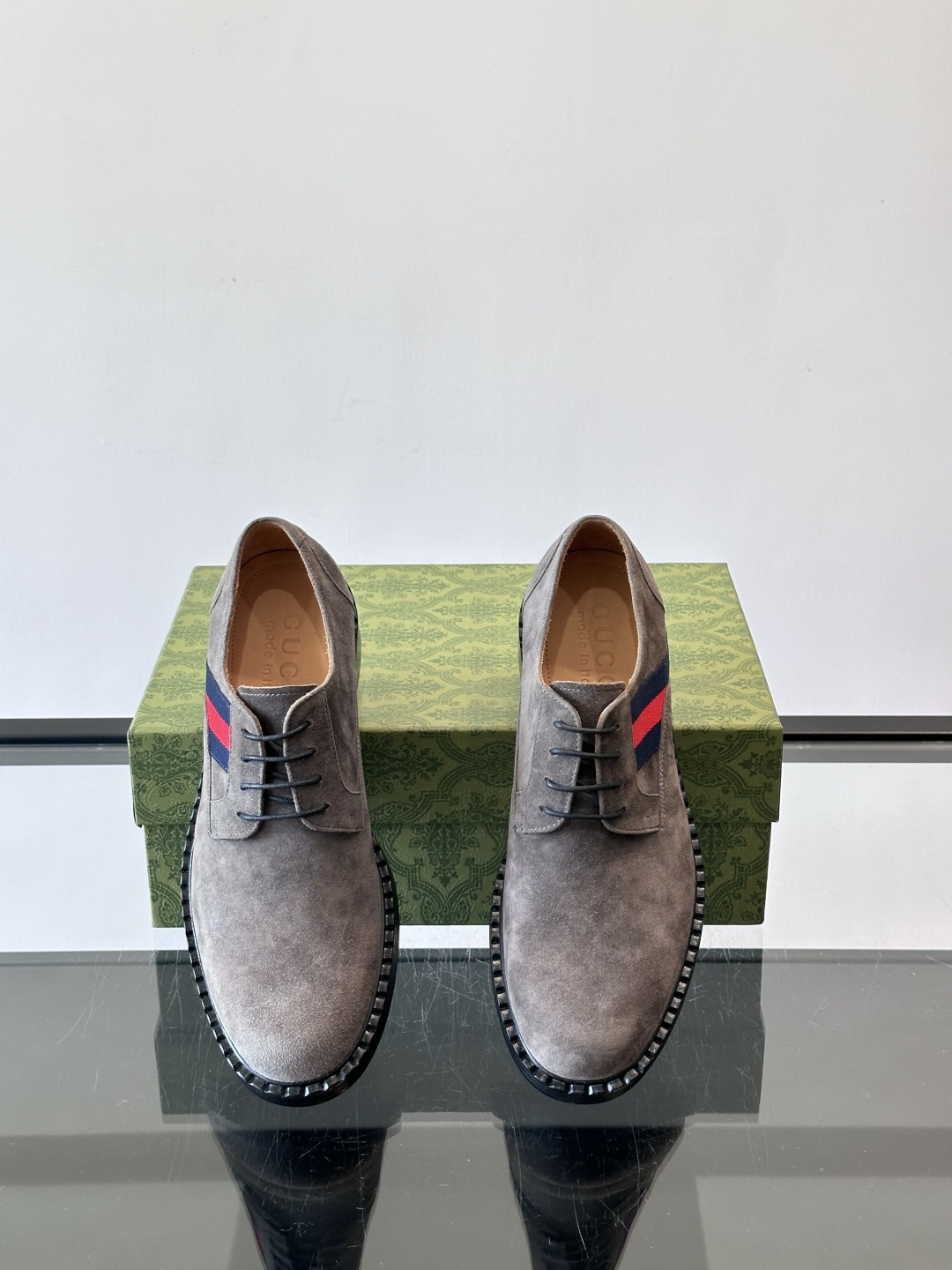 Gucci Men’s Grey Suede Derby Shoes with Iconic Web Stripe