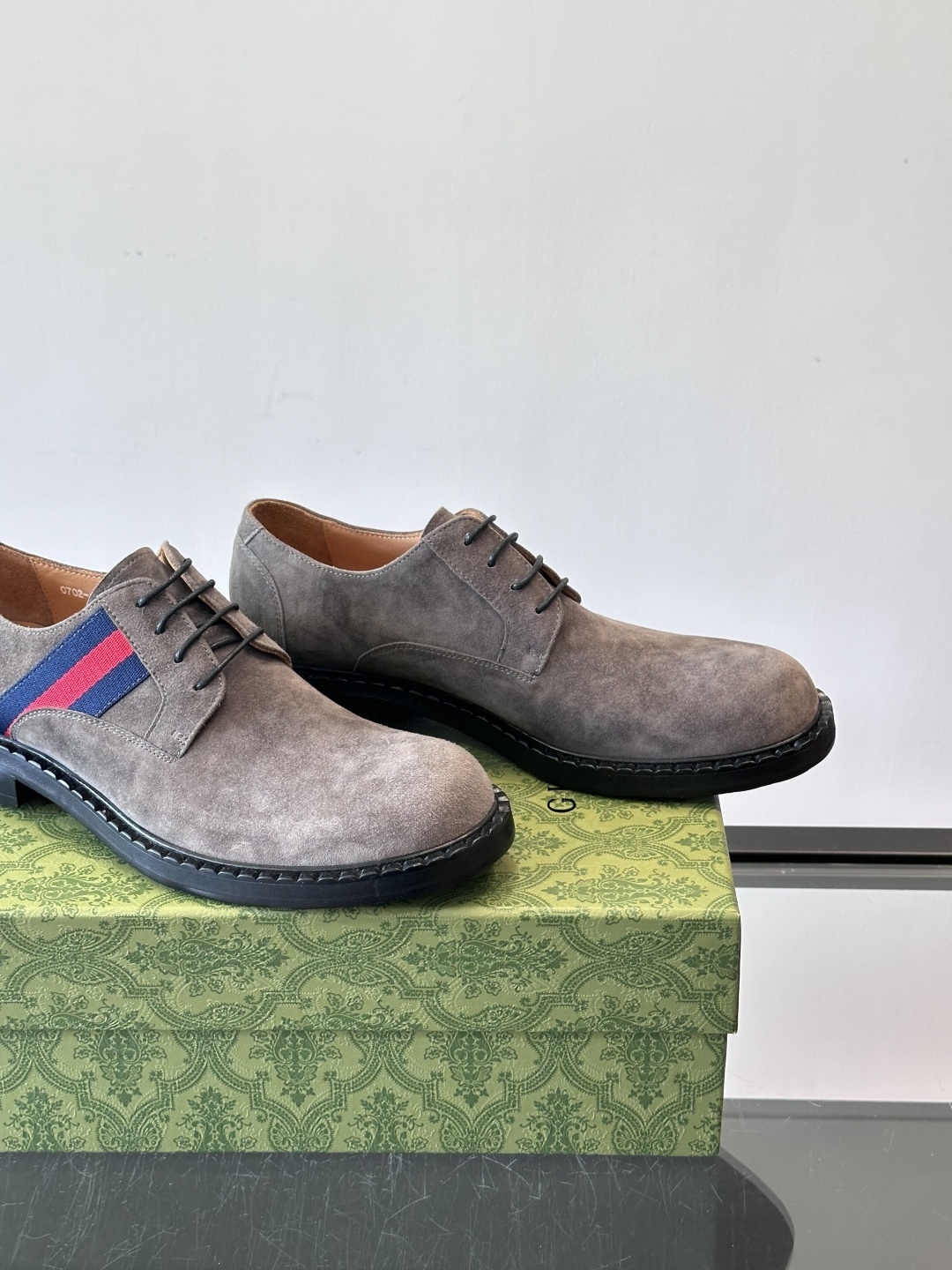 Gucci Men’s Grey Suede Derby Shoes with Iconic Web Stripe