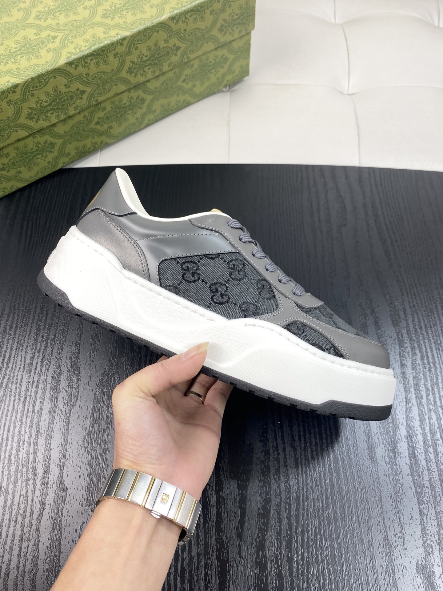 Gucci Men’s GG Supreme Canvas and Grey Leather Sneakers