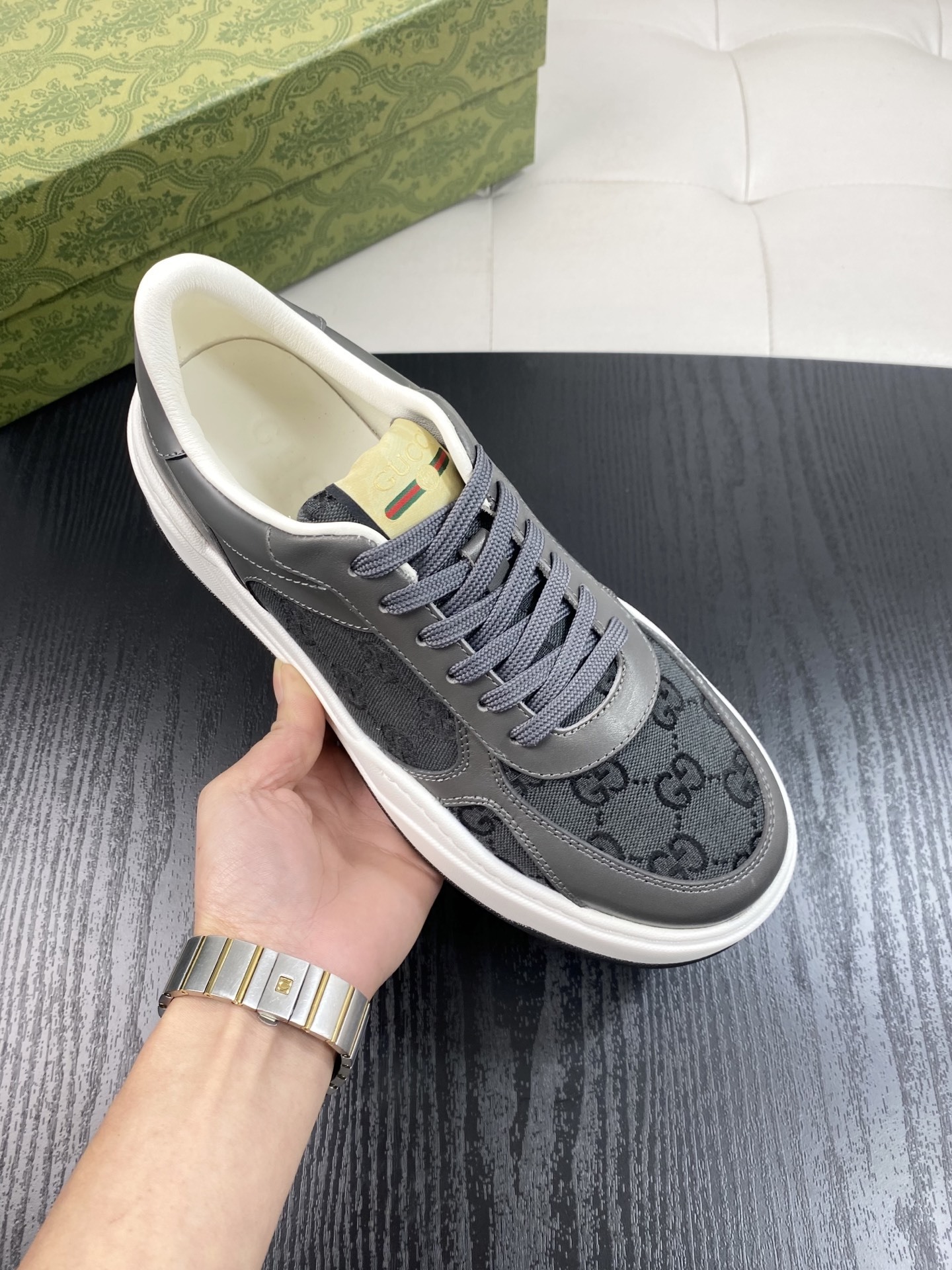 Gucci Men’s GG Supreme Canvas and Grey Leather Sneakers