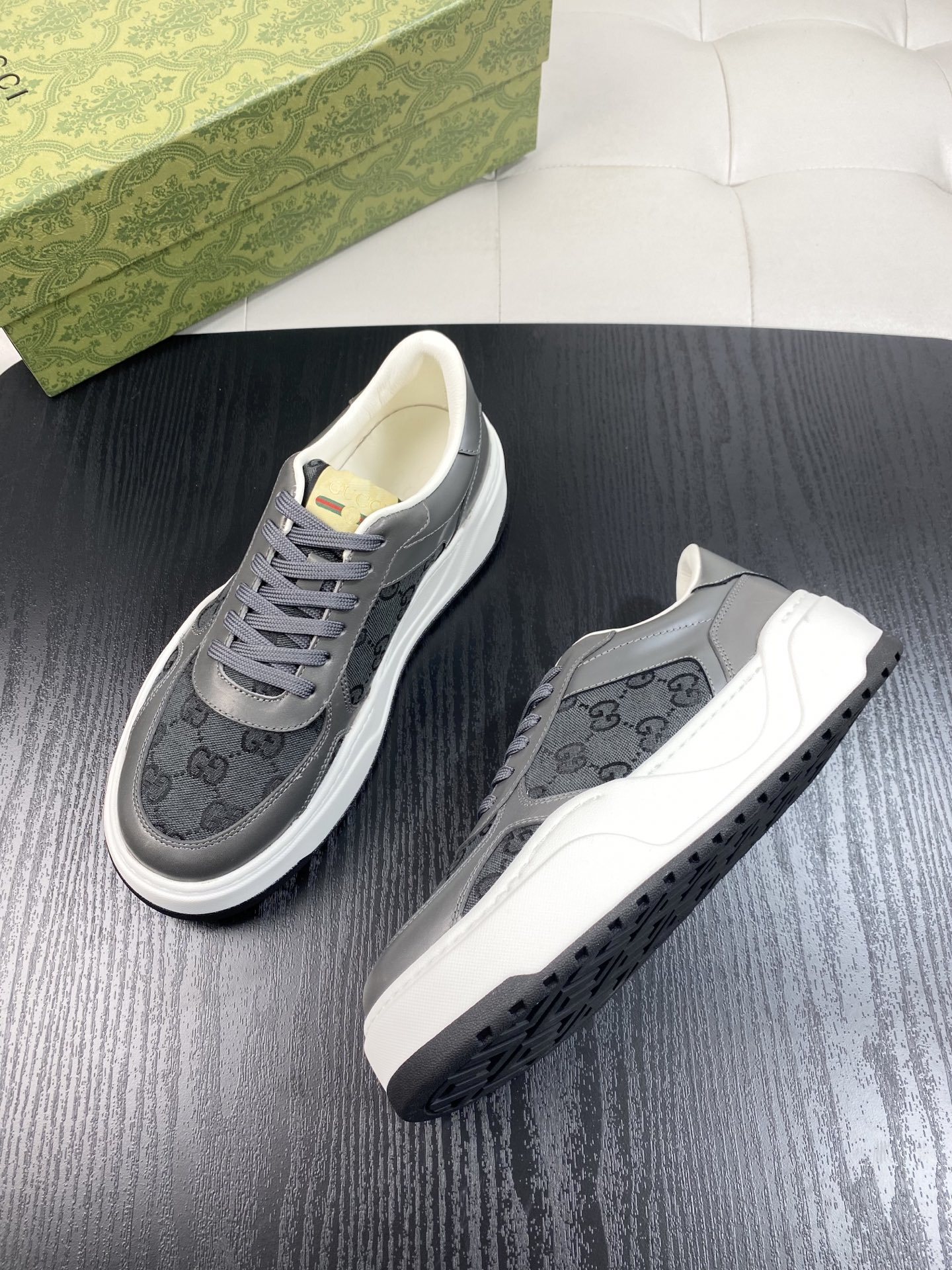 Gucci Men’s GG Supreme Canvas and Grey Leather Sneakers