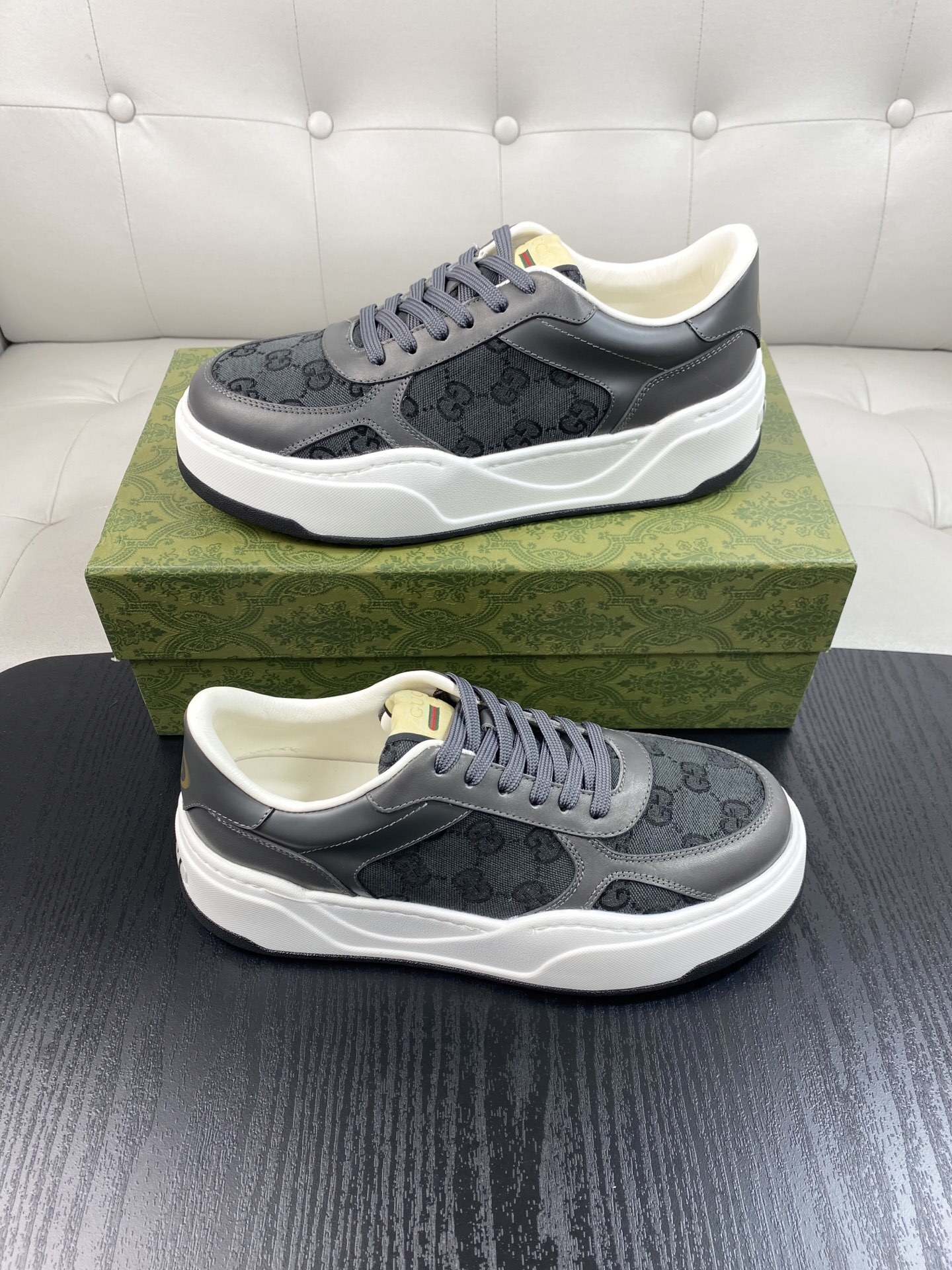Gucci Men’s GG Supreme Canvas and Grey Leather Sneakers