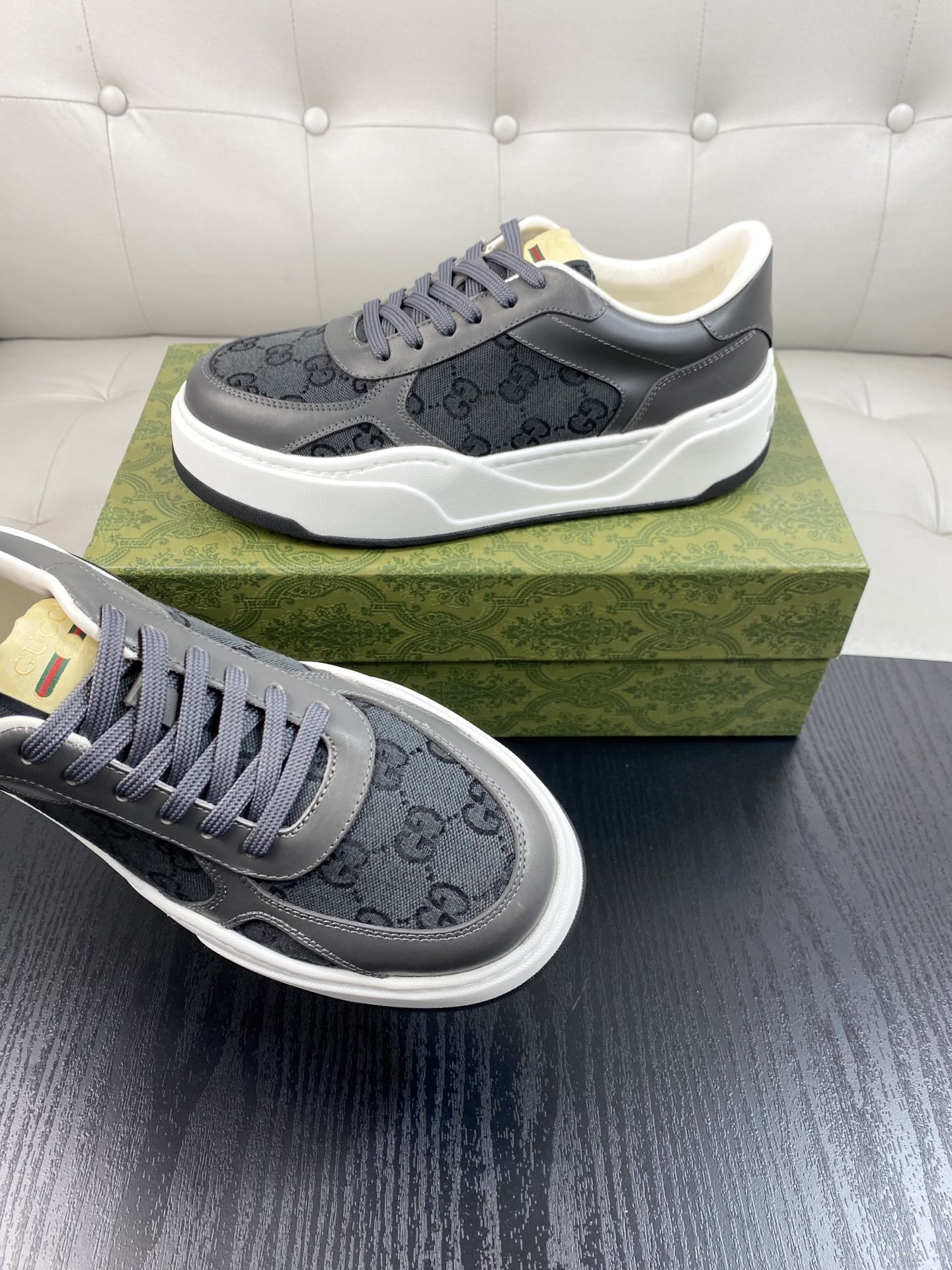 Gucci Men’s GG Supreme Canvas and Grey Leather Sneakers