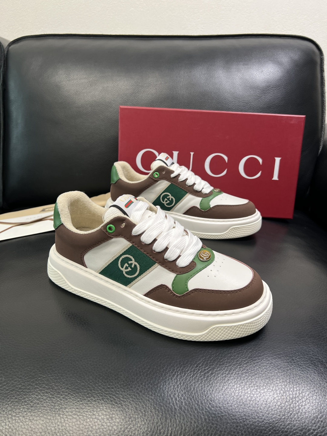 Gucci Men's Interlocking G Leather Sneakers - Brown and Green