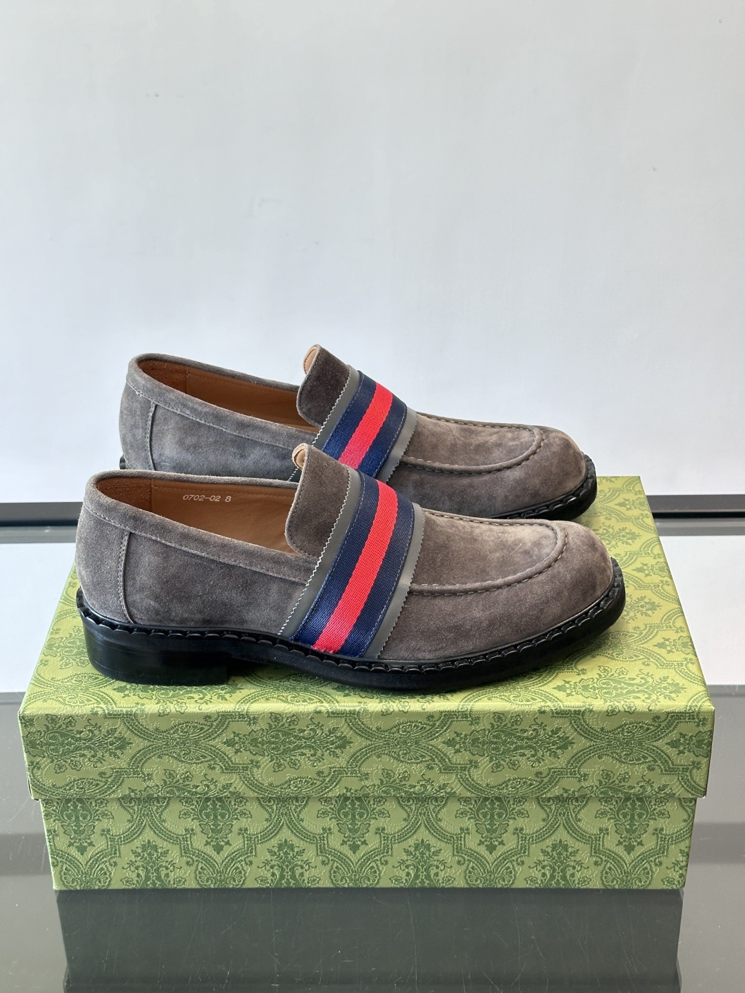 Gucci Men's Grey Suede Loafers with Signature Web Stripe