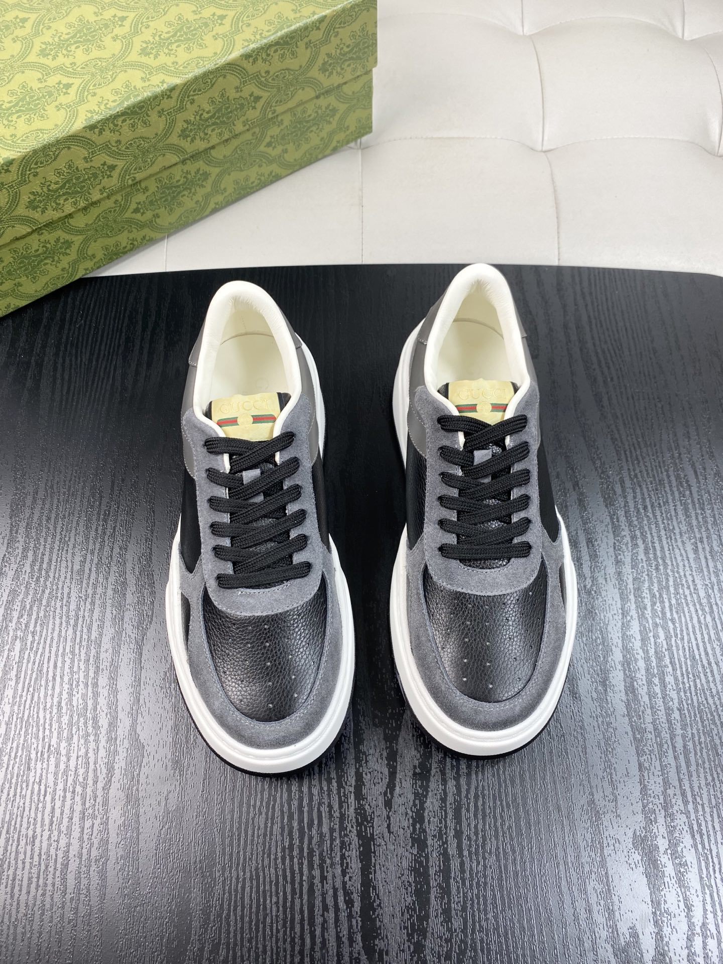 Gucci Men's Black Leather and Grey Suede Chunky Sneakers