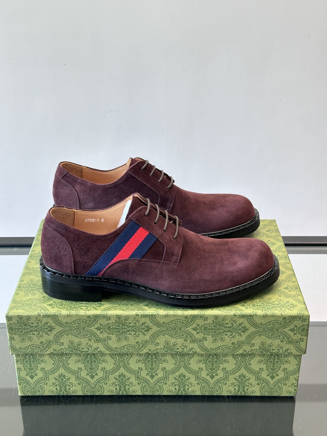 Gucci Men's Burgundy Suede Derby Shoes with Web Stripe