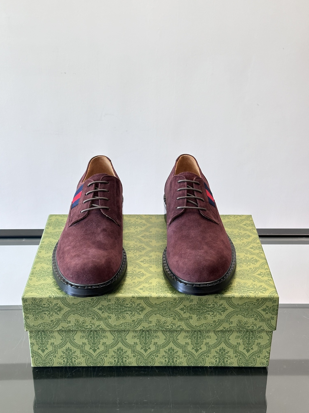 Gucci Men’s Burgundy Suede Derby Shoes with Web Stripe