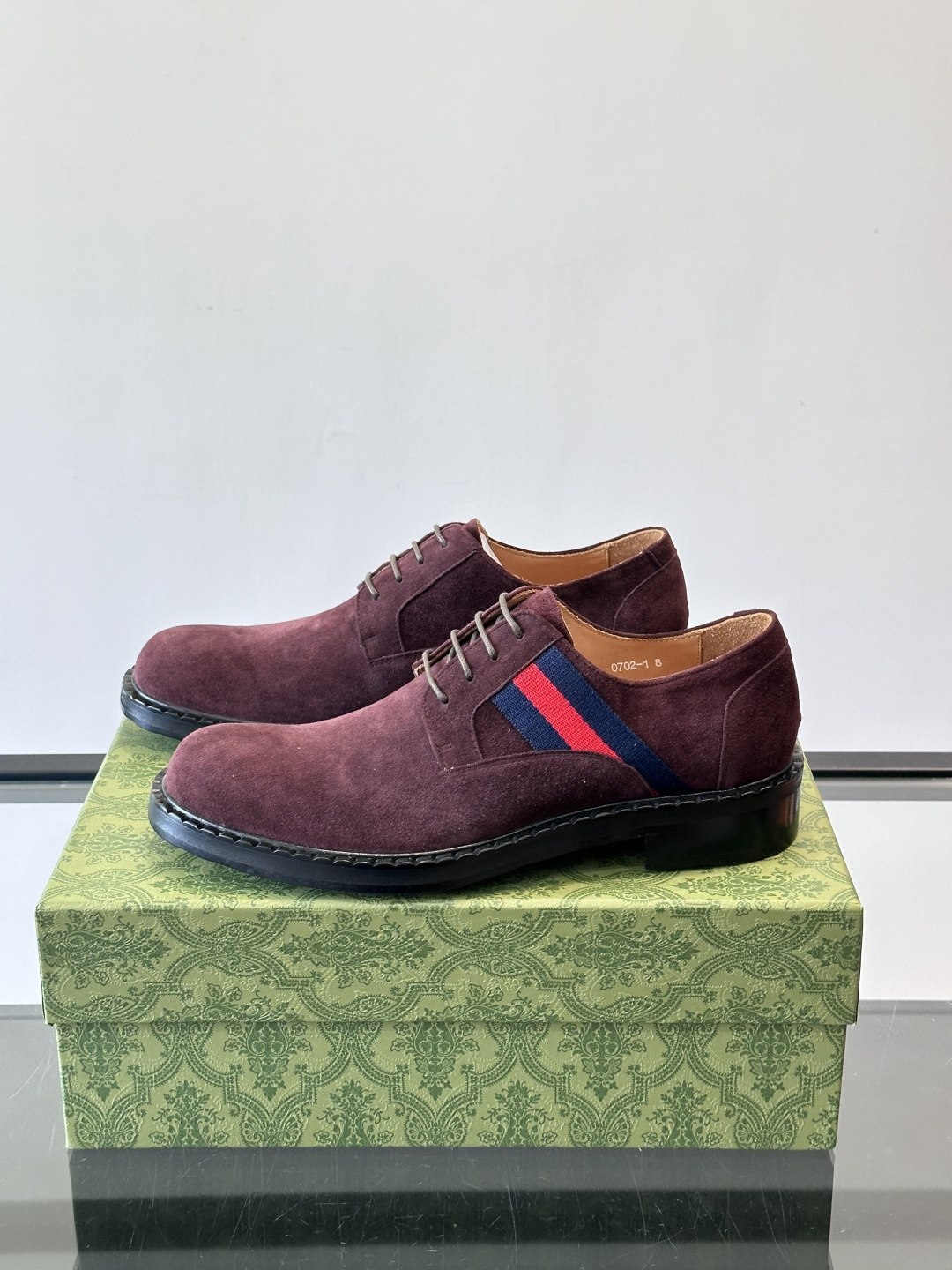 Gucci Men’s Burgundy Suede Derby Shoes with Web Stripe