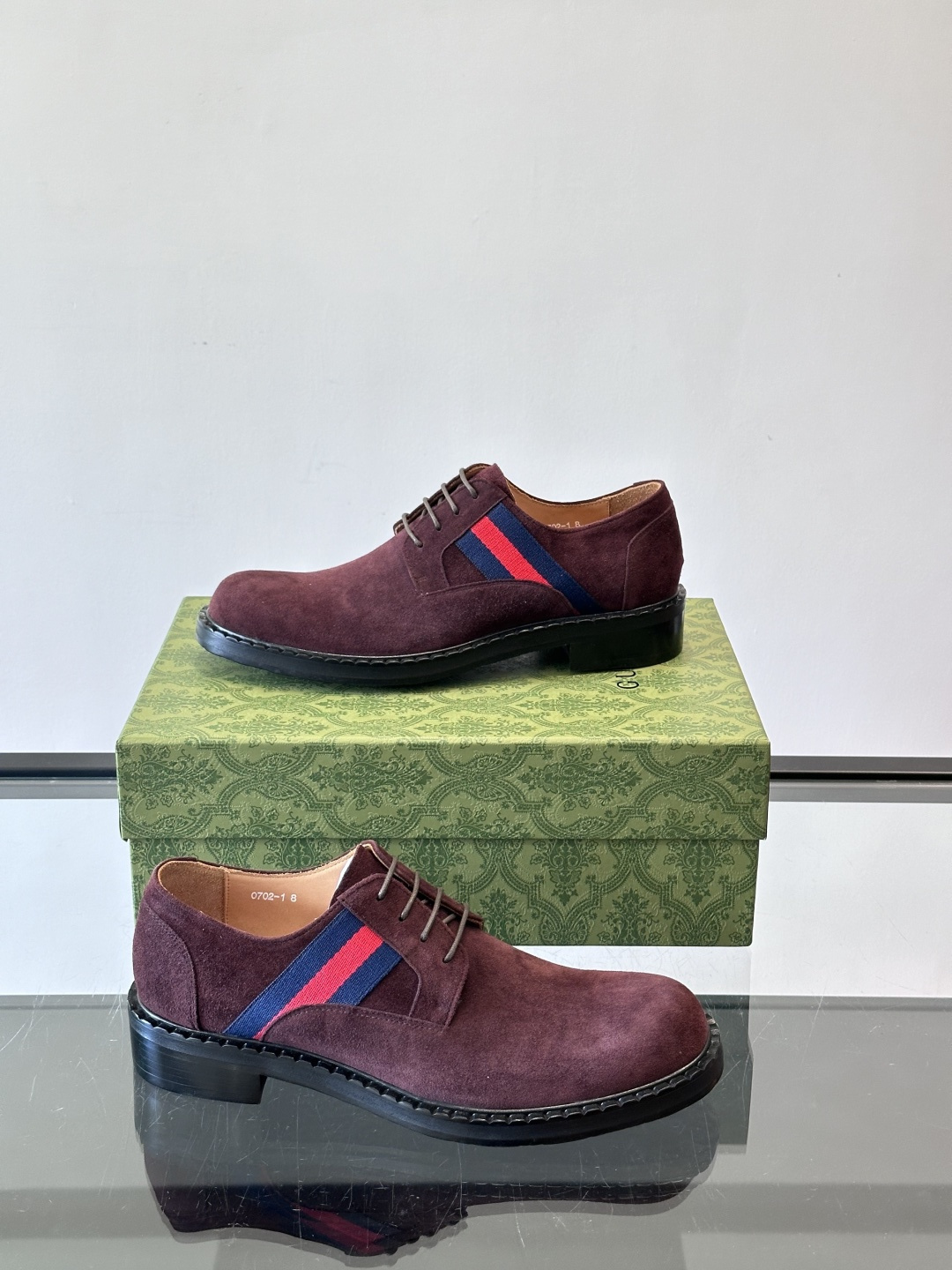 Gucci Men’s Burgundy Suede Derby Shoes with Web Stripe