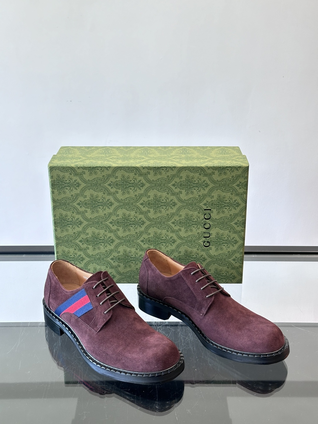 Gucci Men’s Burgundy Suede Derby Shoes with Web Stripe