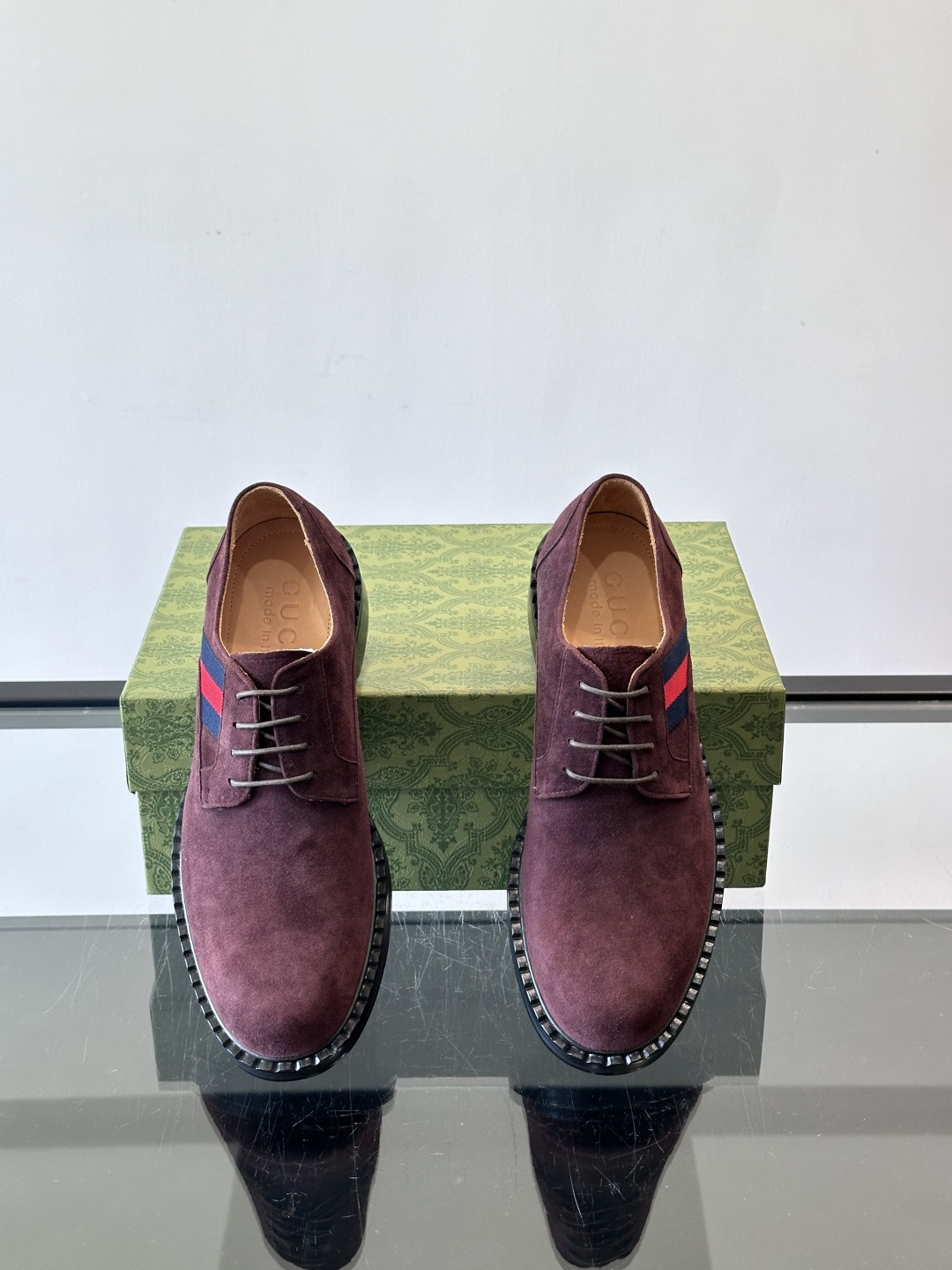 Gucci Men’s Burgundy Suede Derby Shoes with Web Stripe