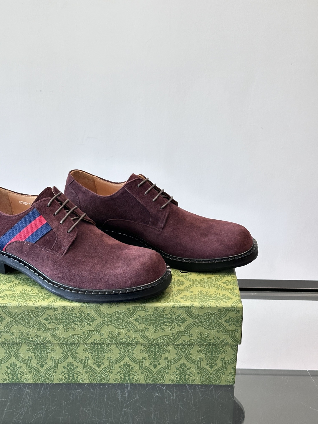 Gucci Men’s Burgundy Suede Derby Shoes with Web Stripe