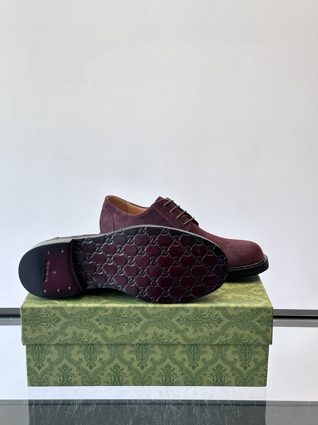 Gucci Men’s Burgundy Suede Derby Shoes with Web Stripe