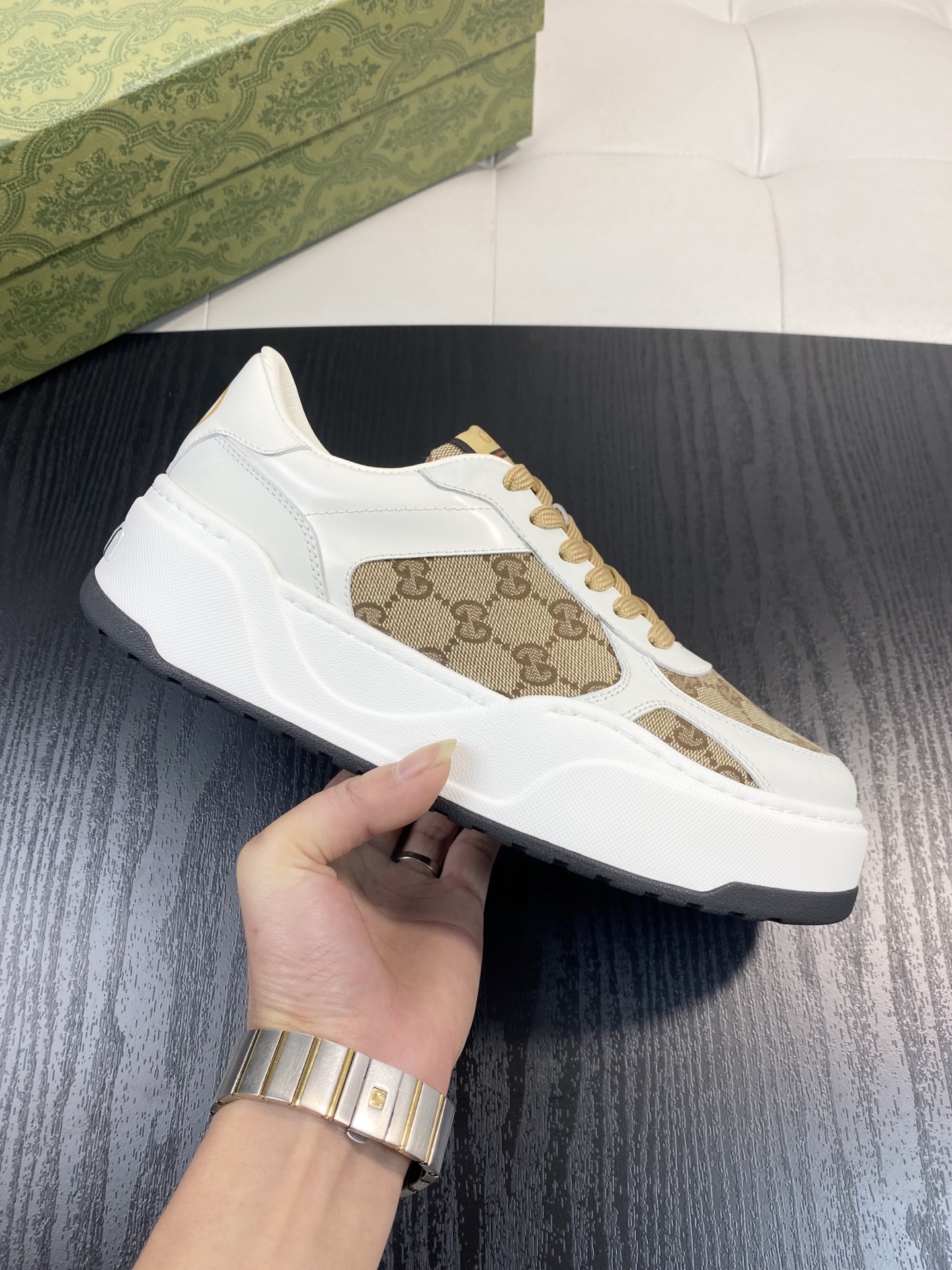 Gucci Men’s GG Supreme Canvas and White Leather Sneakers