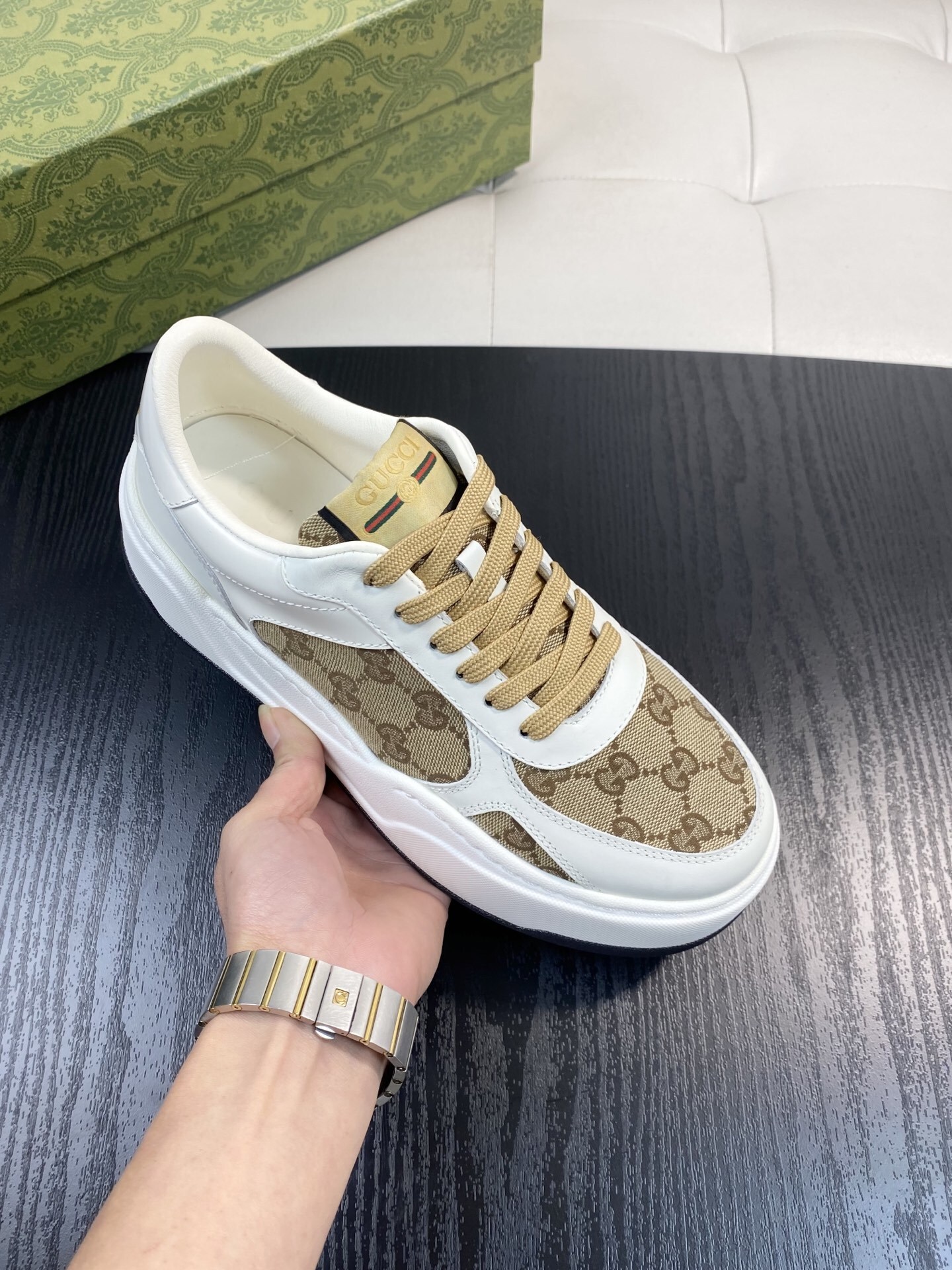 Gucci Men’s GG Supreme Canvas and White Leather Sneakers