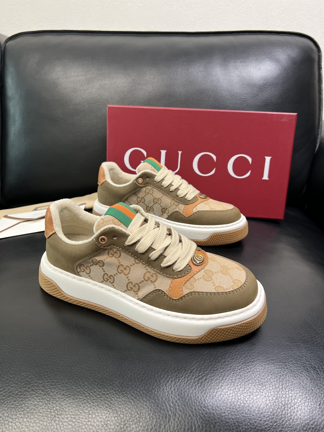 Gucci Men's GG Supreme Platform Sneakers - Olive & Beige