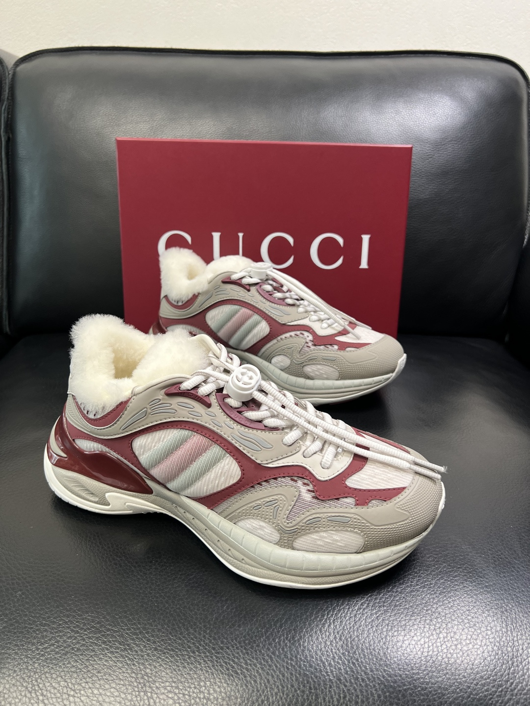 Gucci Men's Shearling-Lined Chunky Sneakers in Burgundy