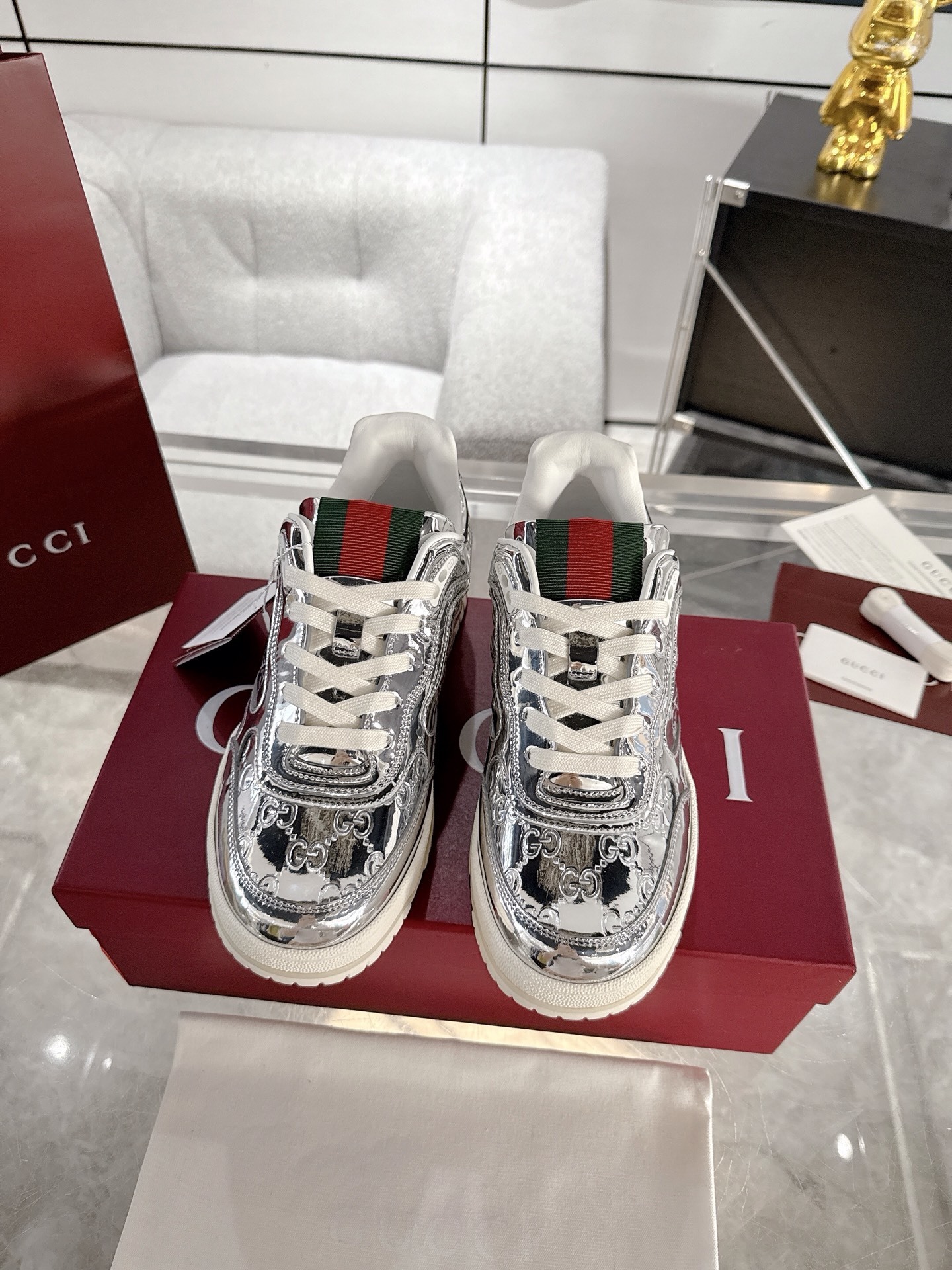 Gucci Metallic Silver Sneakers - Gucci Metallic Silver GG Sneakers