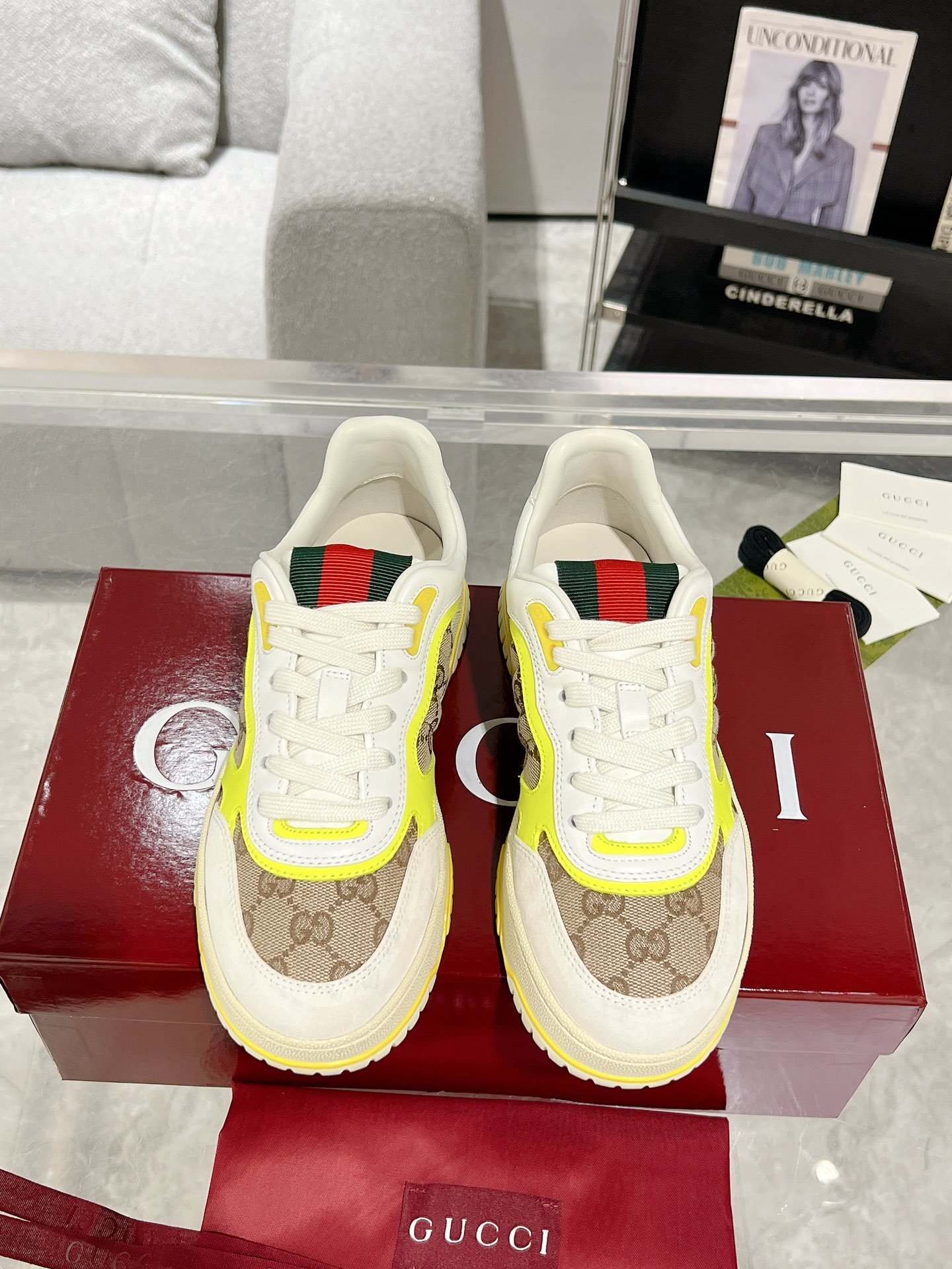 Gucci Beige GG Trefoil Sneakers - Yellow Trim