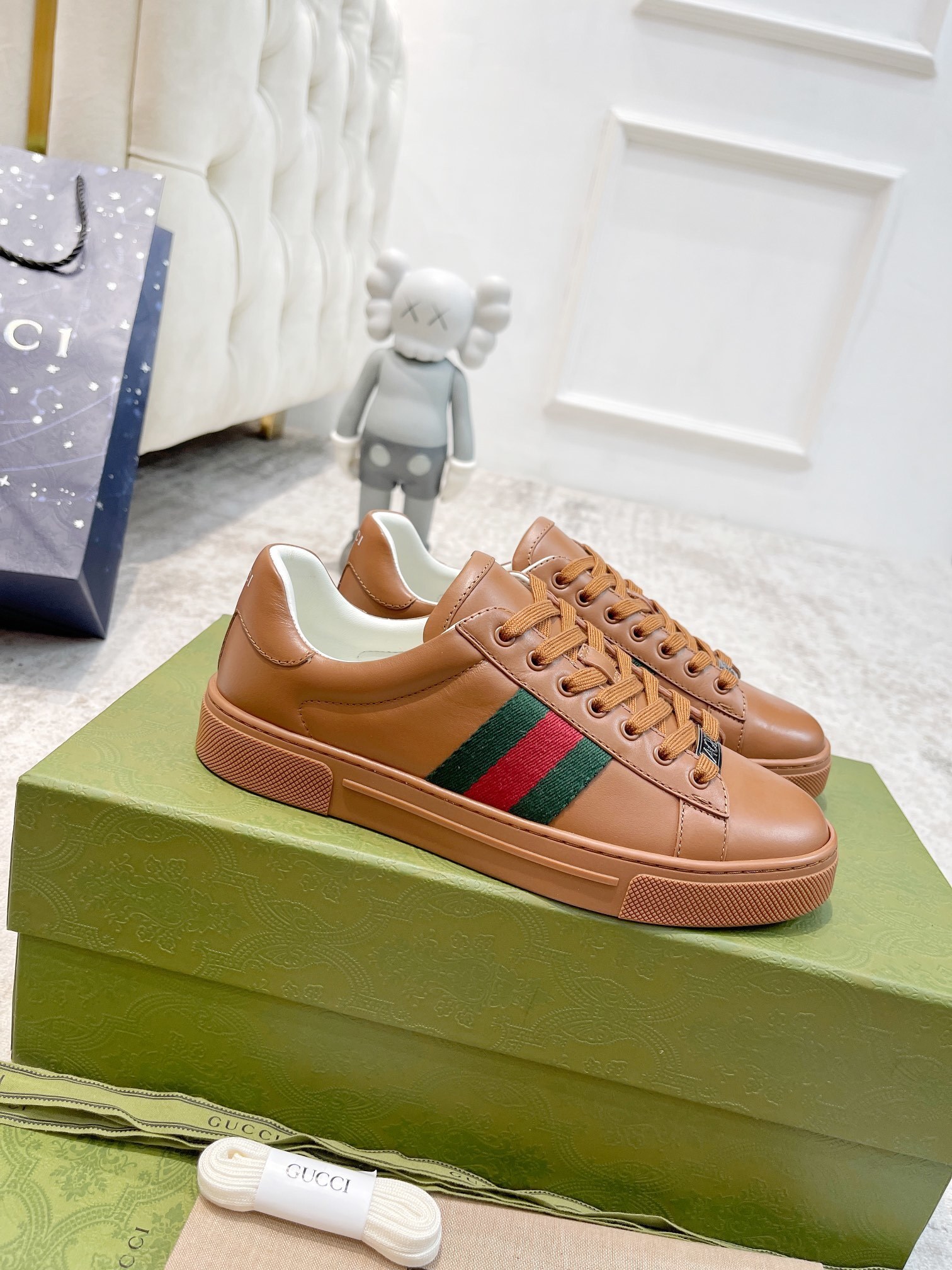 Gucci Brown Leather Ace Sneakers - Signature Stripe