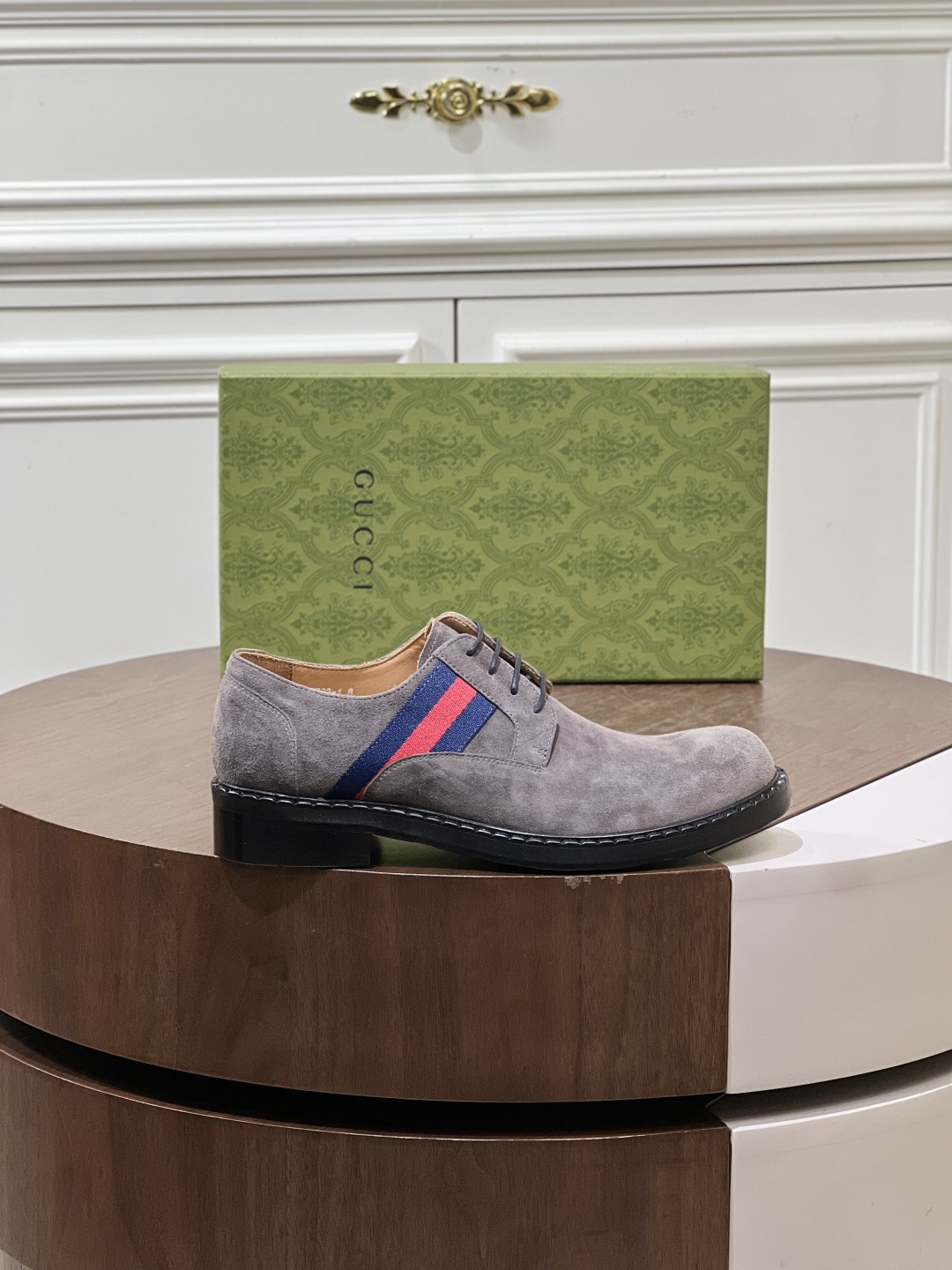 Gucci Men’s Grey Suede Derby Shoes with Iconic Web Stripe