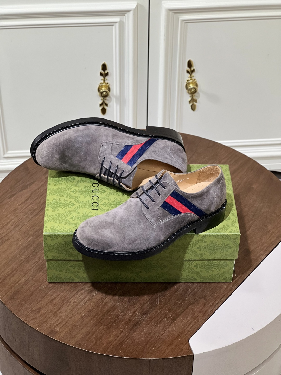 Gucci Men’s Grey Suede Derby Shoes with Iconic Web Stripe