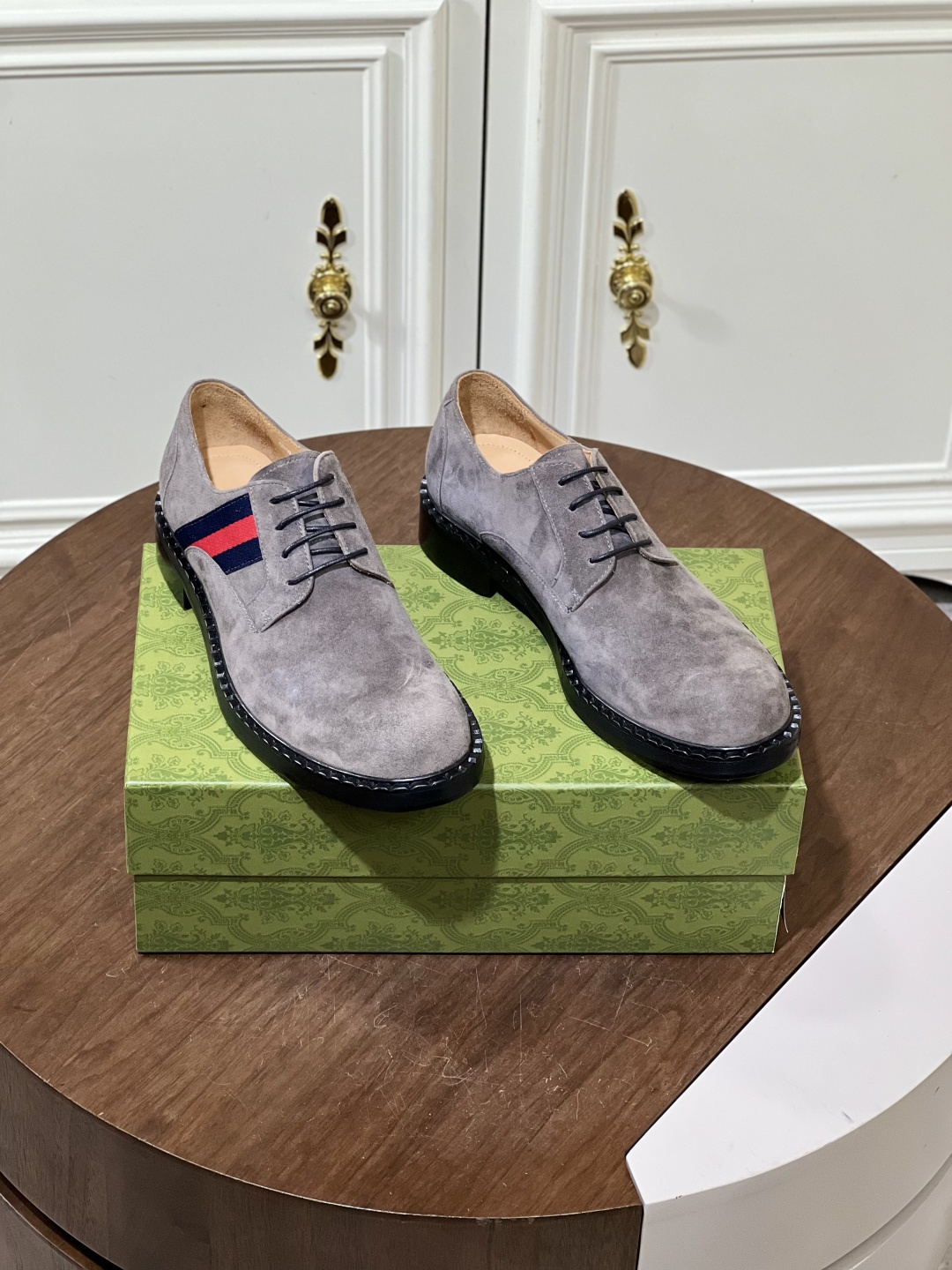 Gucci Men’s Grey Suede Derby Shoes with Iconic Web Stripe