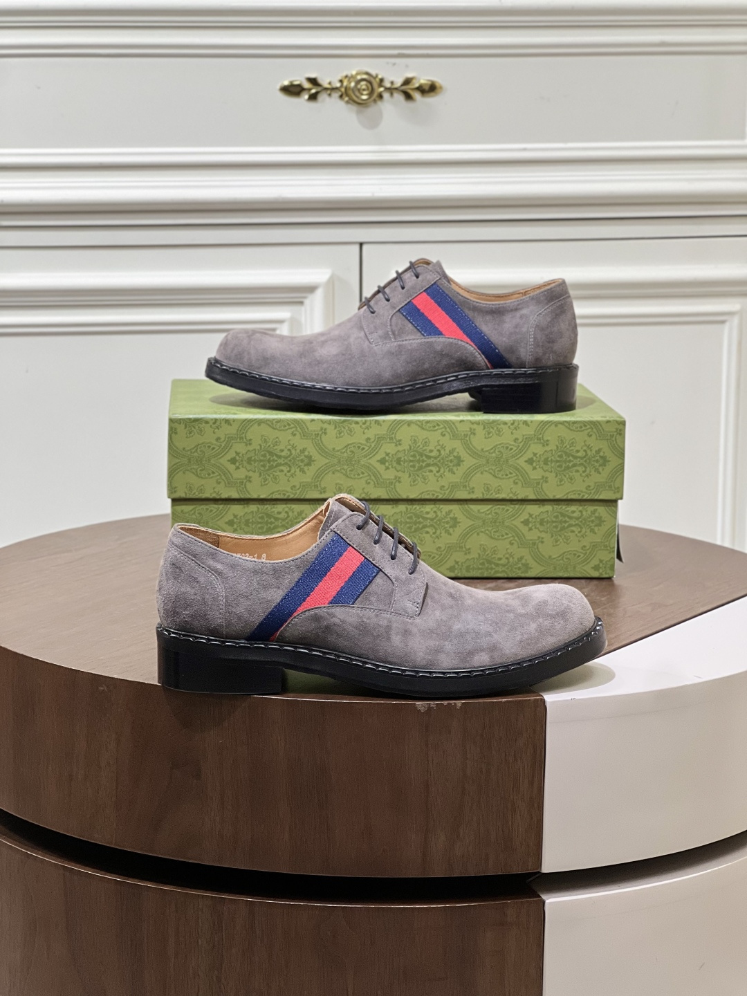 Gucci Men’s Grey Suede Derby Shoes with Iconic Web Stripe