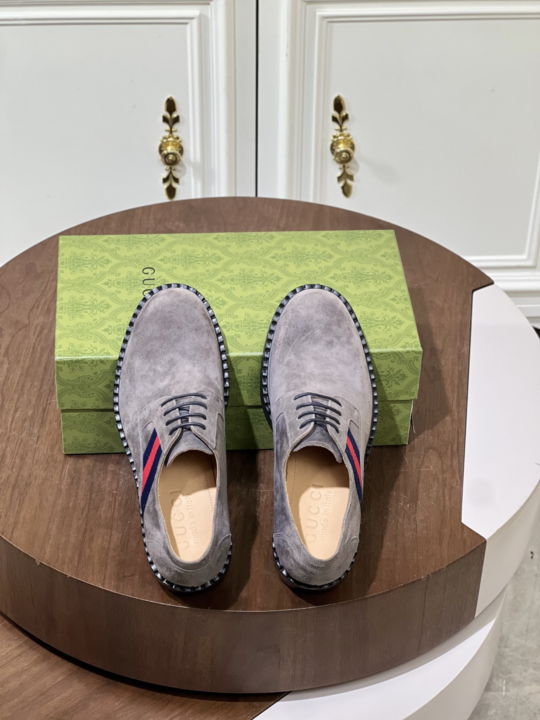 Gucci Men’s Grey Suede Derby Shoes with Iconic Web Stripe