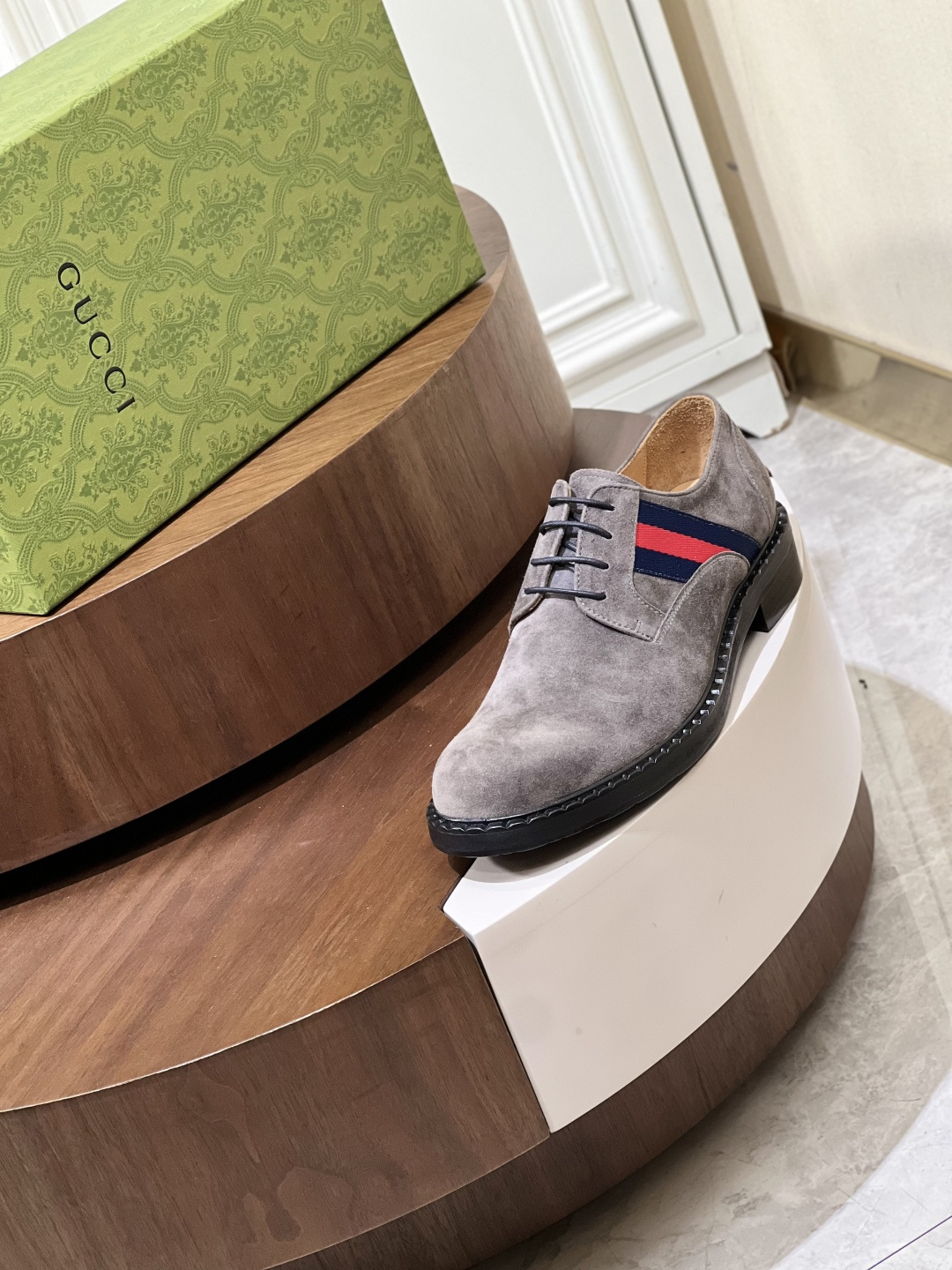 Gucci Men’s Grey Suede Derby Shoes with Iconic Web Stripe