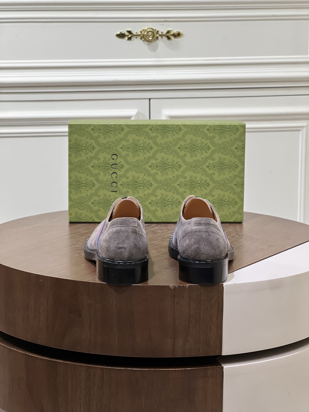 Gucci Men’s Grey Suede Derby Shoes with Iconic Web Stripe