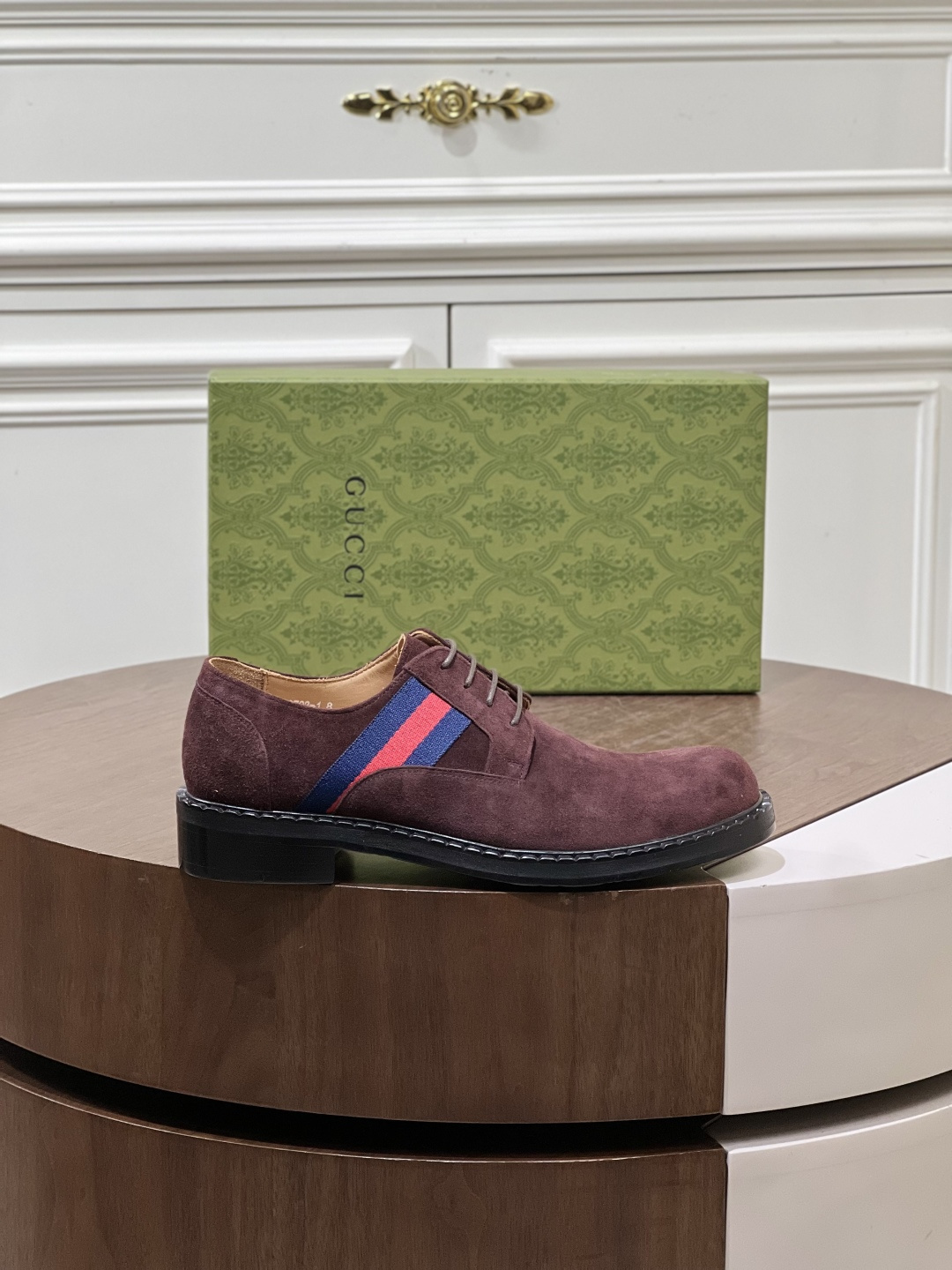 Gucci Men’s Burgundy Suede Derby Shoes with Web Stripe