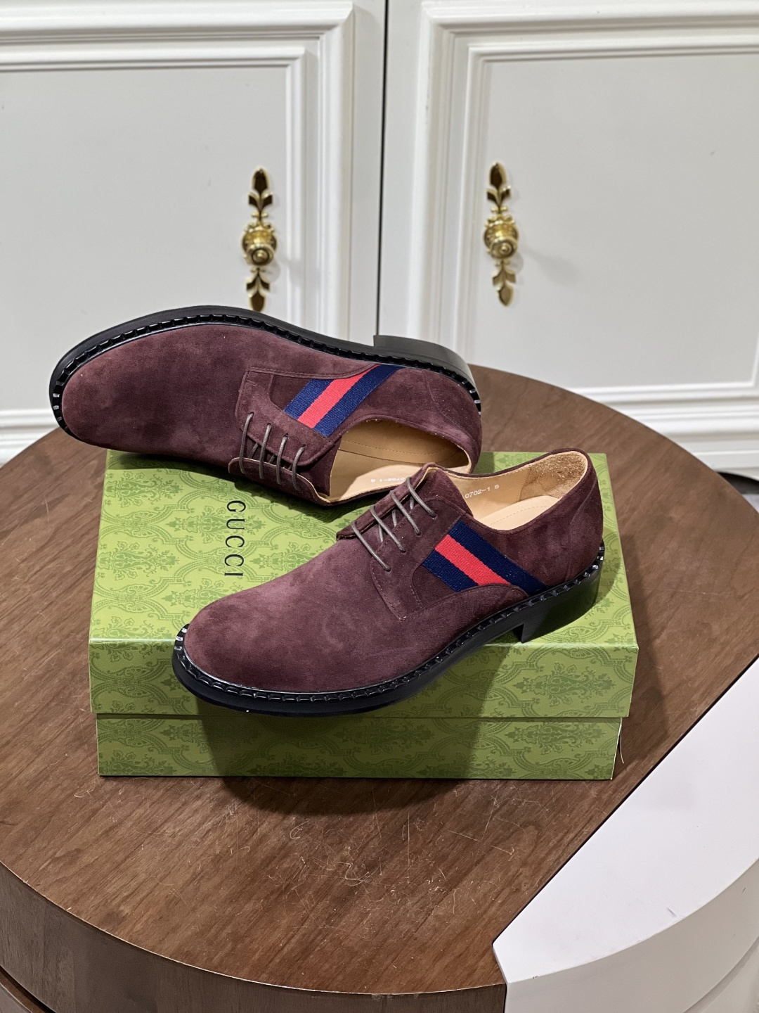 Gucci Men’s Burgundy Suede Derby Shoes with Web Stripe