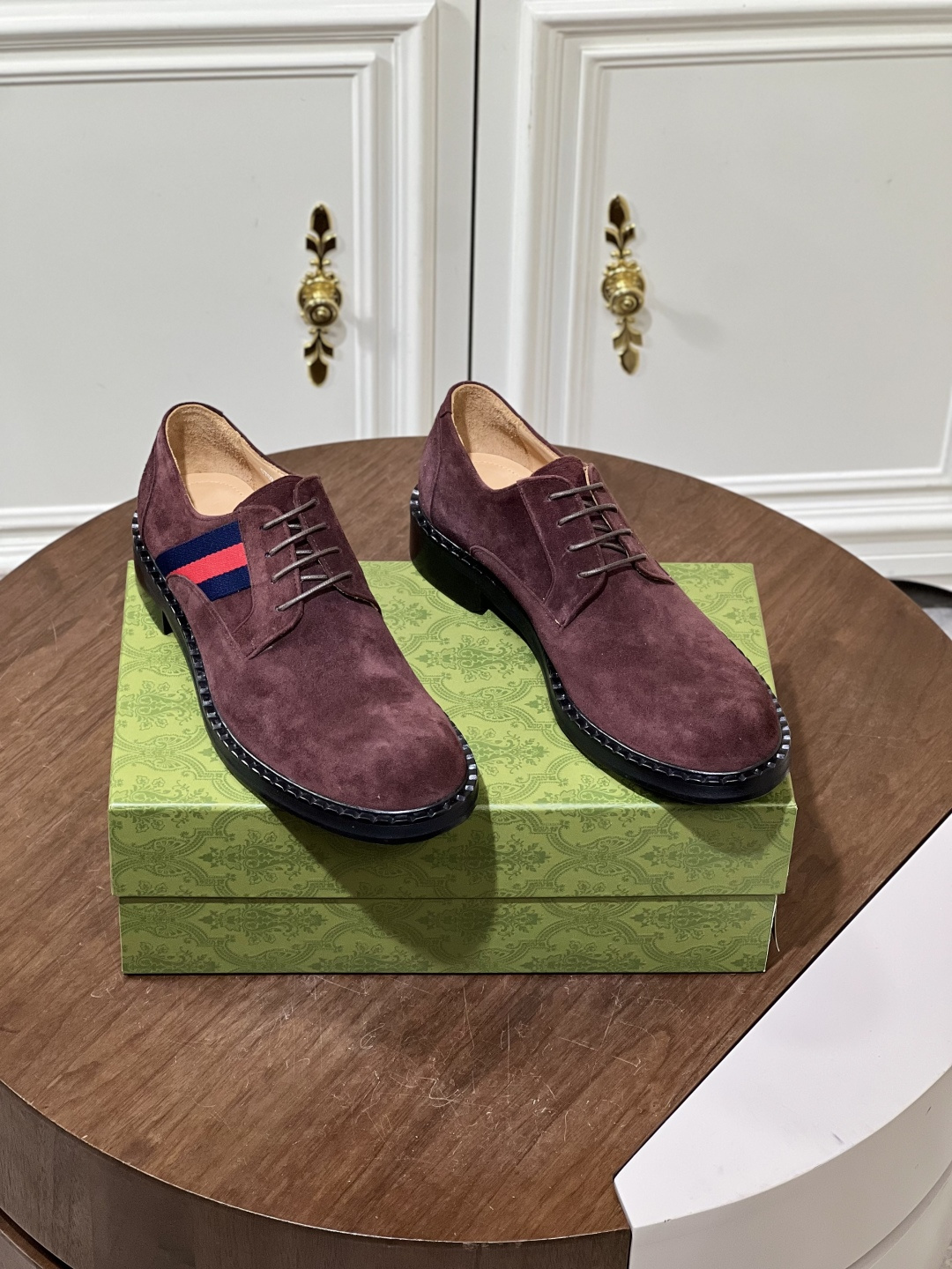 Gucci Men’s Burgundy Suede Derby Shoes with Web Stripe