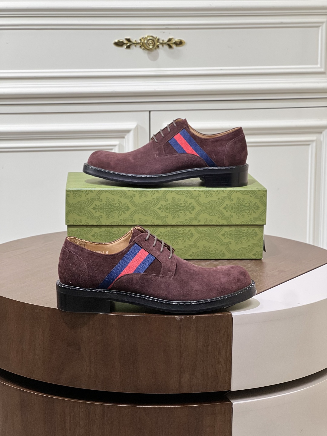 Gucci Men’s Burgundy Suede Derby Shoes with Web Stripe